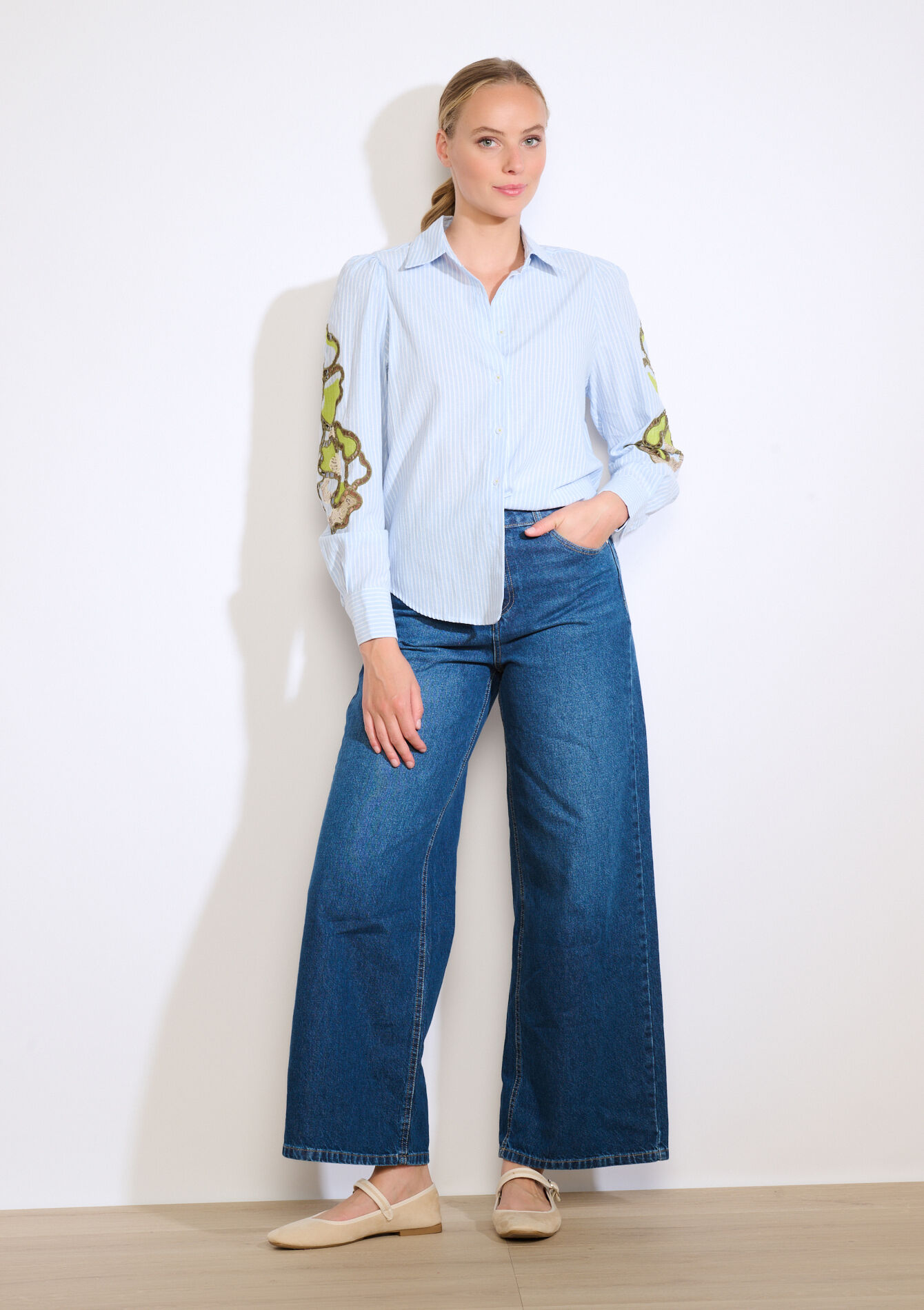 Geborduurde blouse met strepen , Geborduurde blouse met strepen - BLUE FAIENCE - 05702917_1584