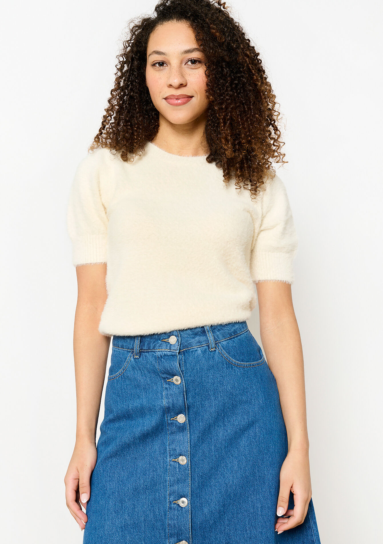 Eyelash sweater with short sleeves, Eyelash sweater with short sleeves - VANILLA WHITE - 04006825_1013