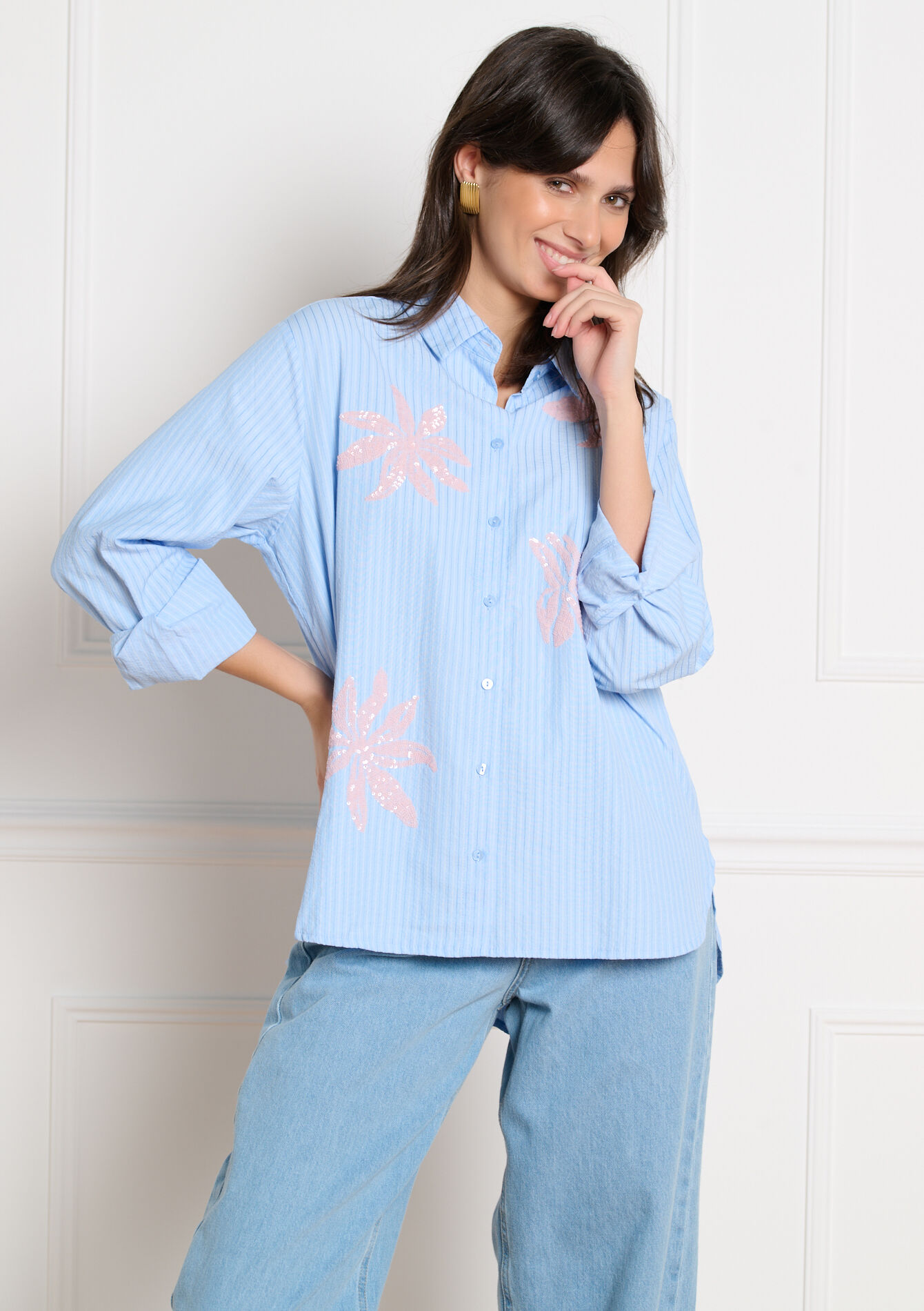 Shirt met pailletten - BLUE PASTEL - 05703036_3003