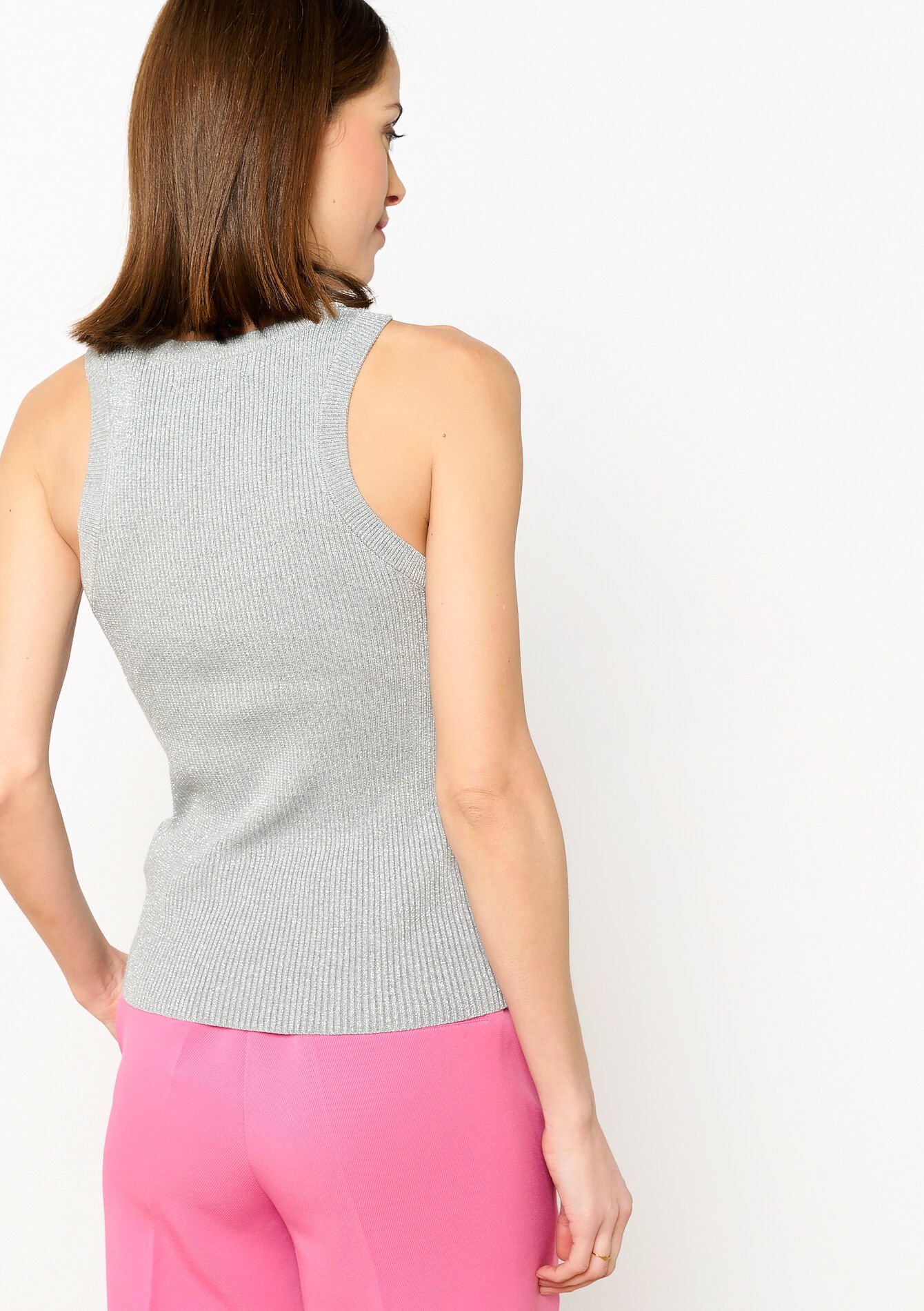 Geribbelde tank top met lurex, Geribbelde tank top met lurex - LT GREY - 02200389_2574