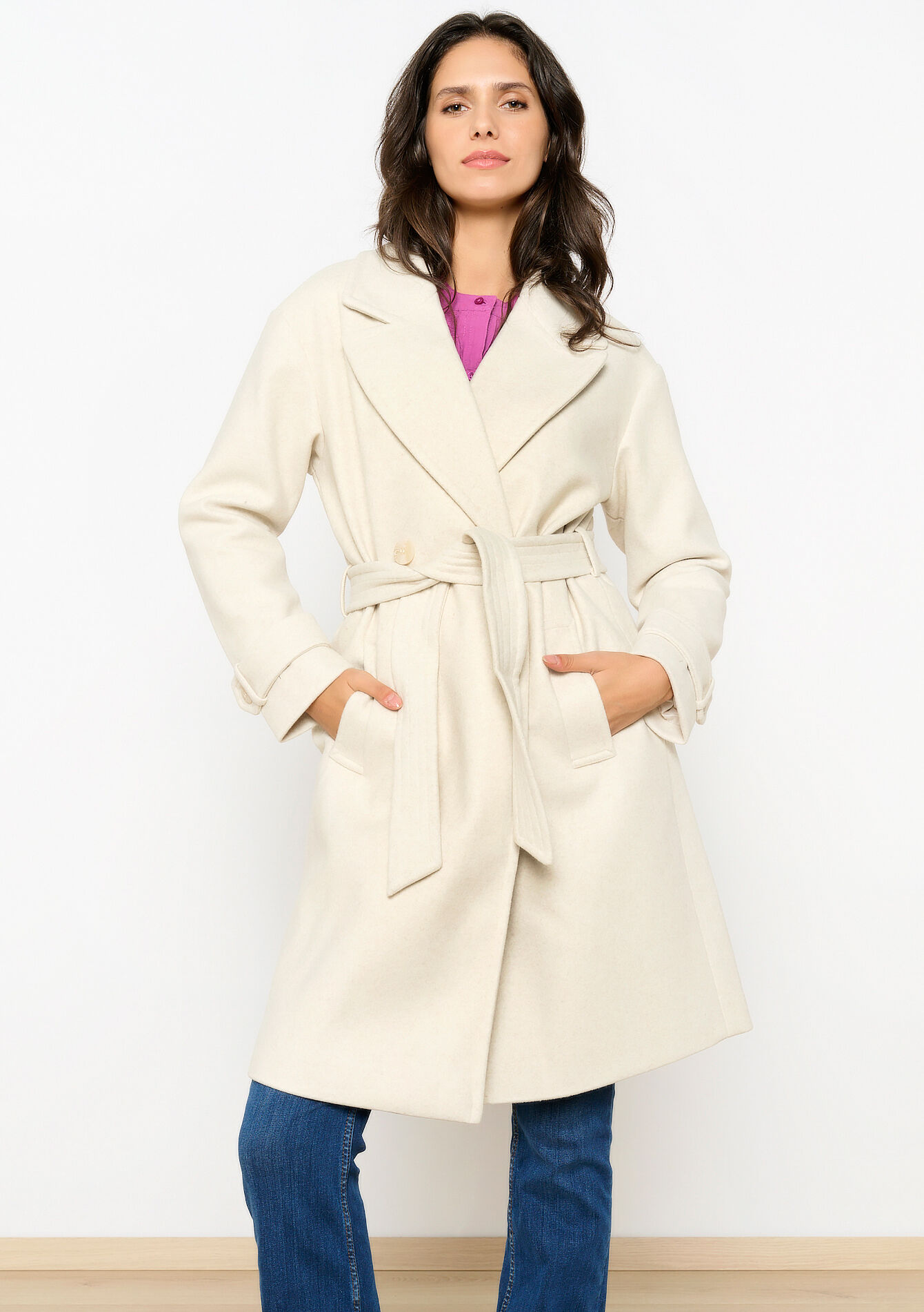 Halflange jas met riem - VANILLA WHITE - 23000678_1013