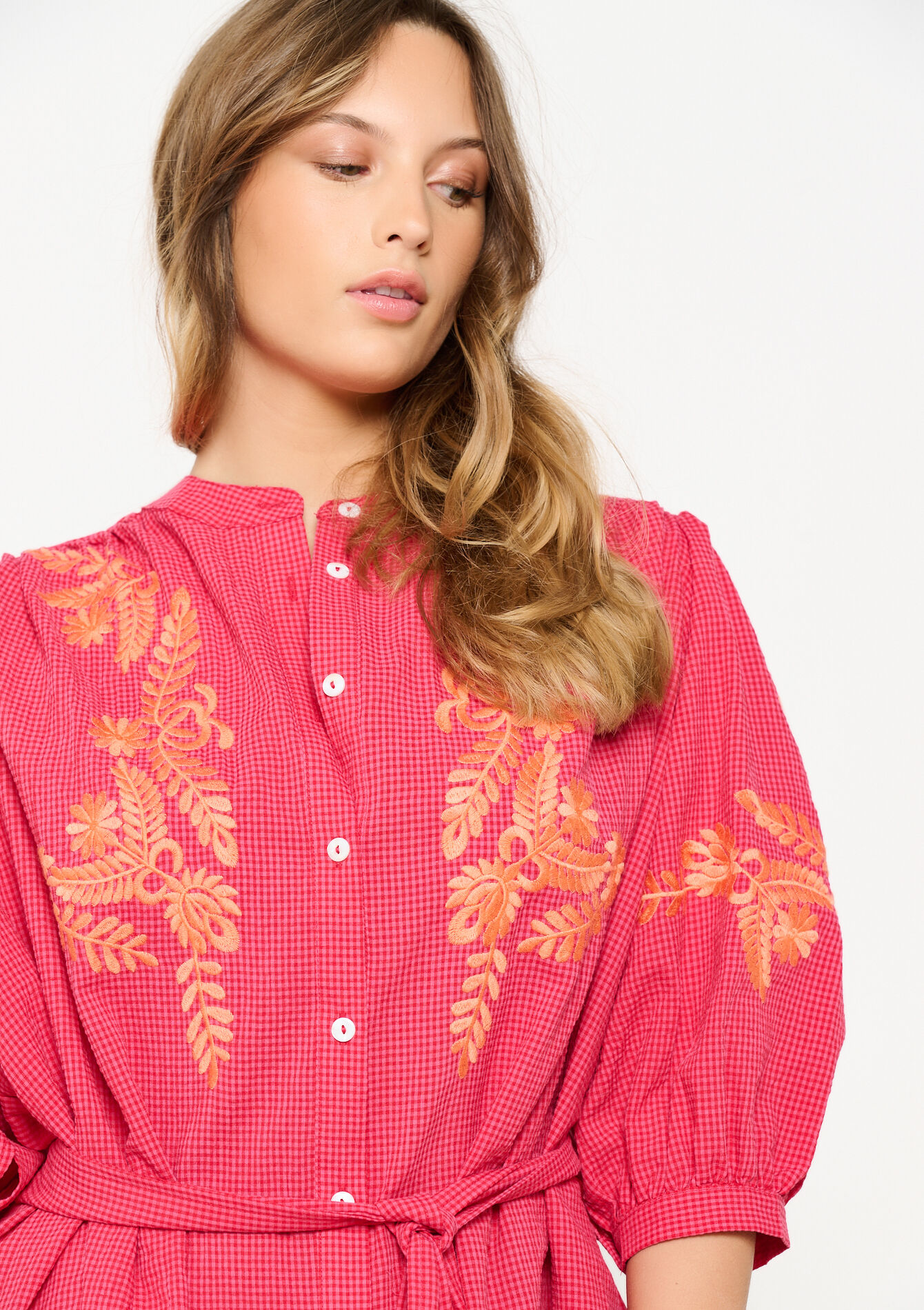 Oversized Vichy-jurk met borduursel, Oversized Vichy-jurk met borduursel - FUCHSIA - 08104021_5626