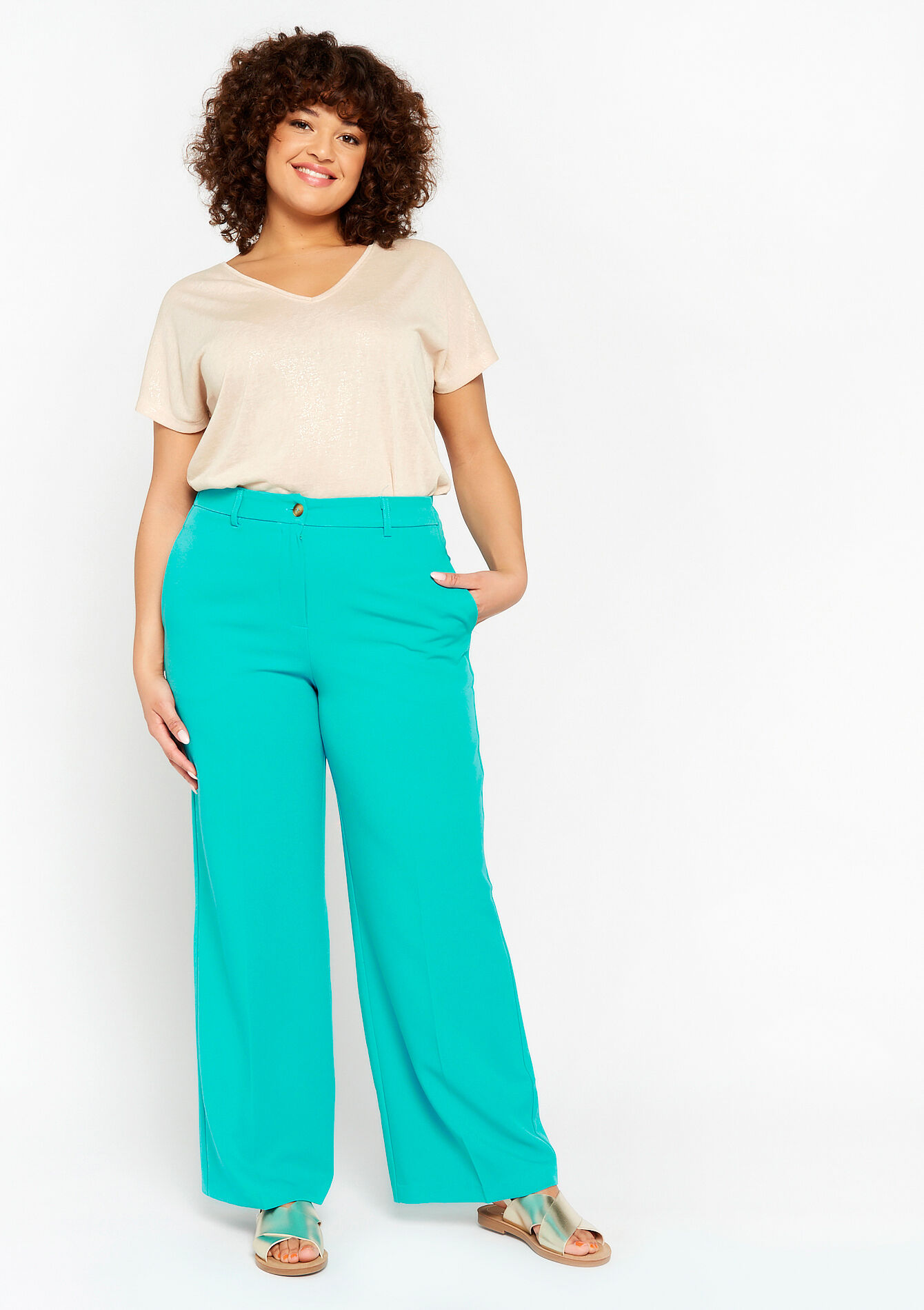 Pantalon évasé en sergé, Pantalon évasé en sergé - TURQUOISE - 06100501_1759