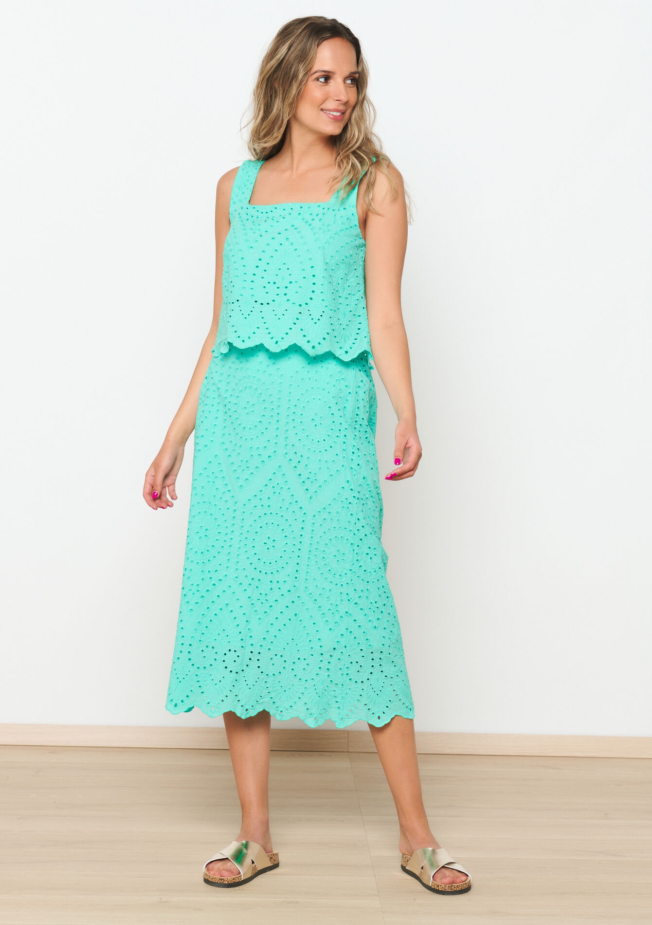 Midi skirt in broderie anglaise, Midi skirt in broderie anglaise - MINT GREEN - 07101239_1723