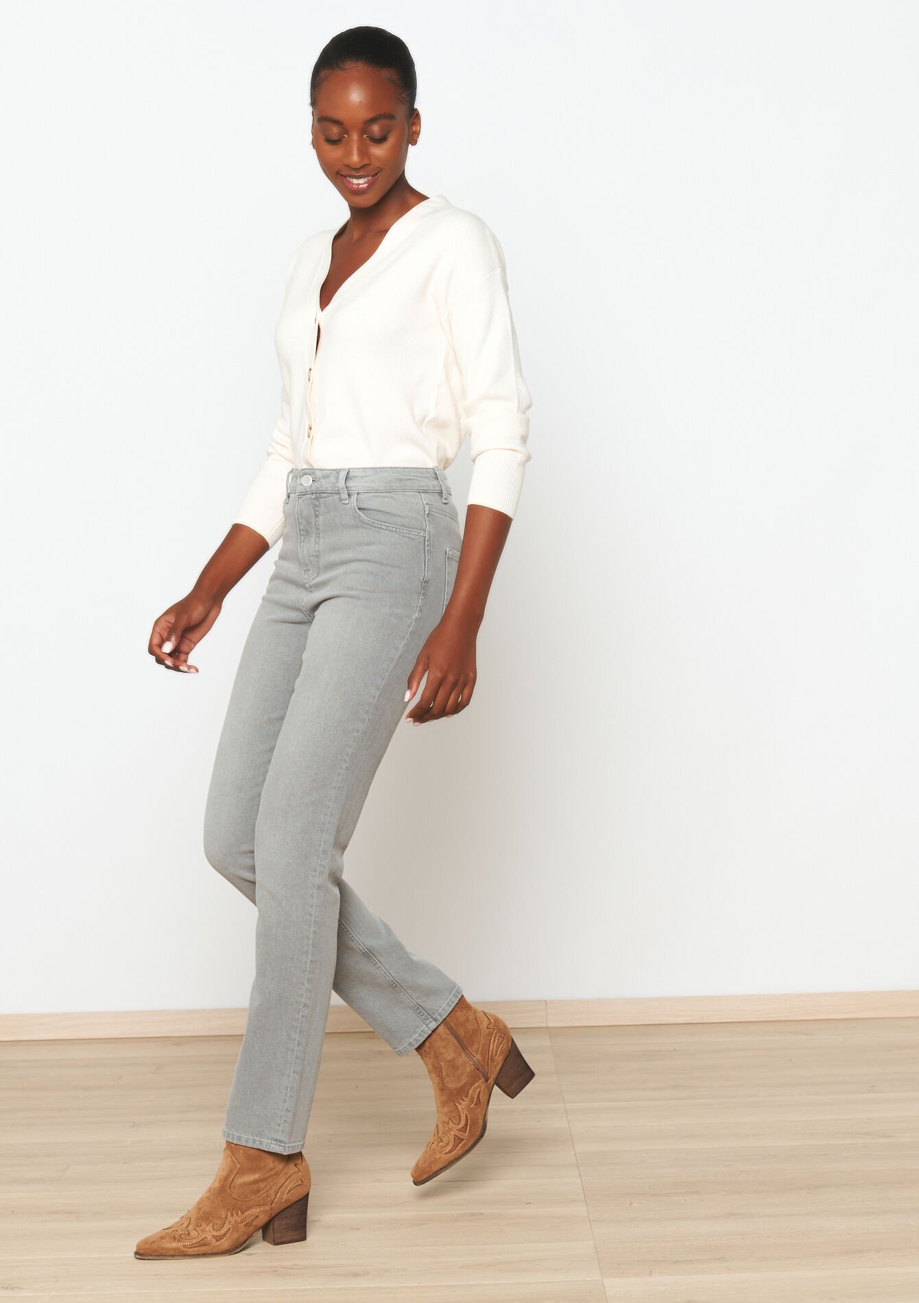 Rechte jeans met hoge taille - LIGHT GREY - 22000554_0511