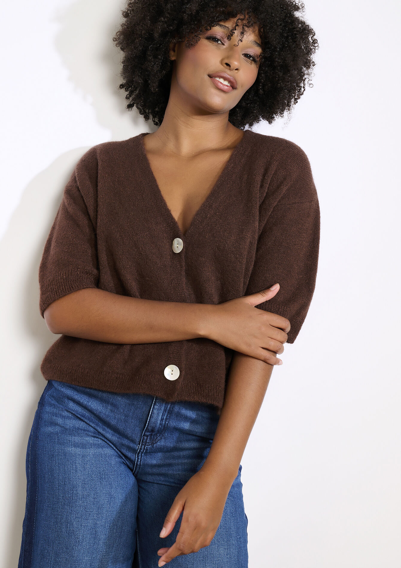 Cropped cardigan with bold buttons, , back