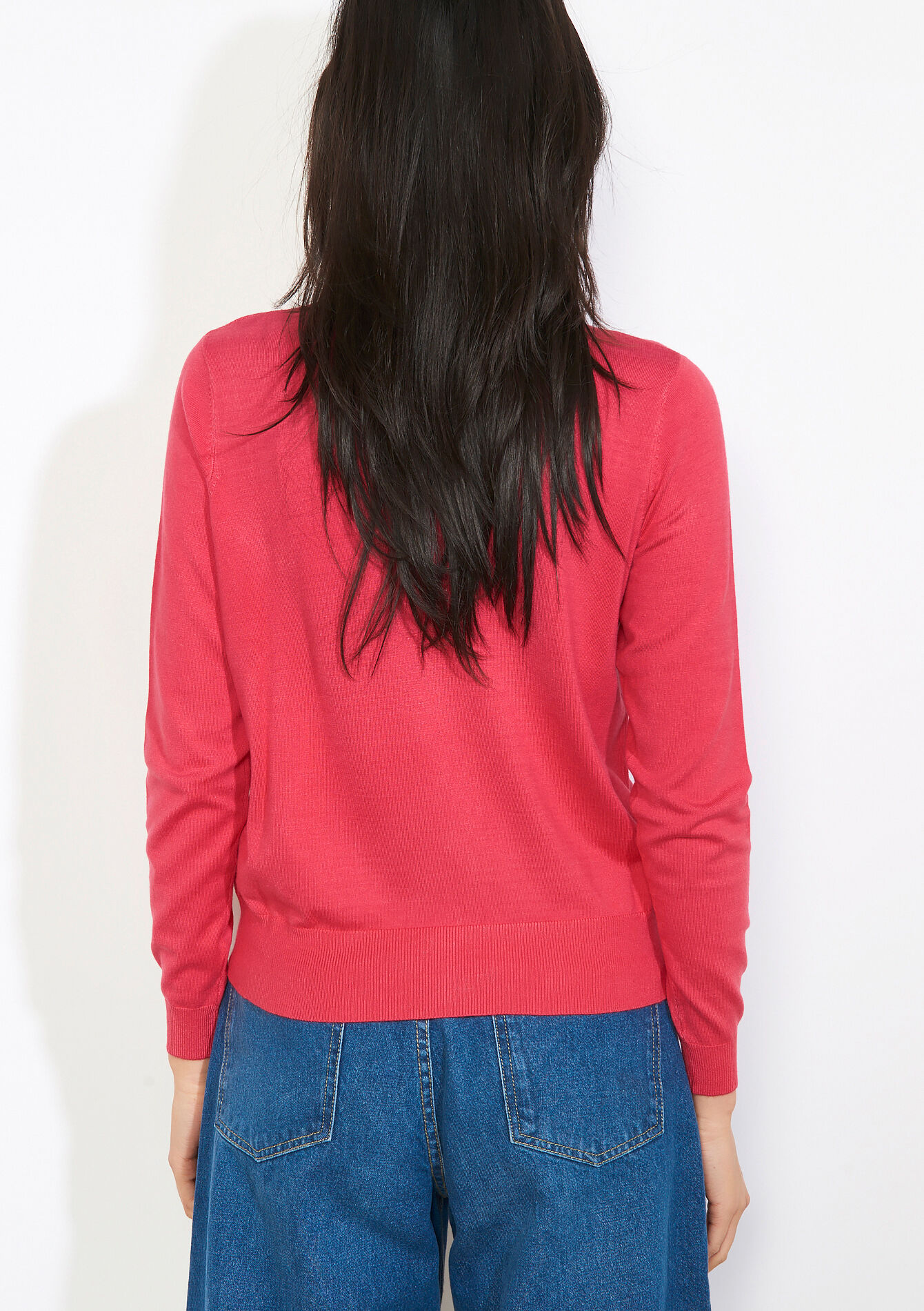 Buttoned roundneck cardigan - RED FRAMBOISE - 04101358_1496