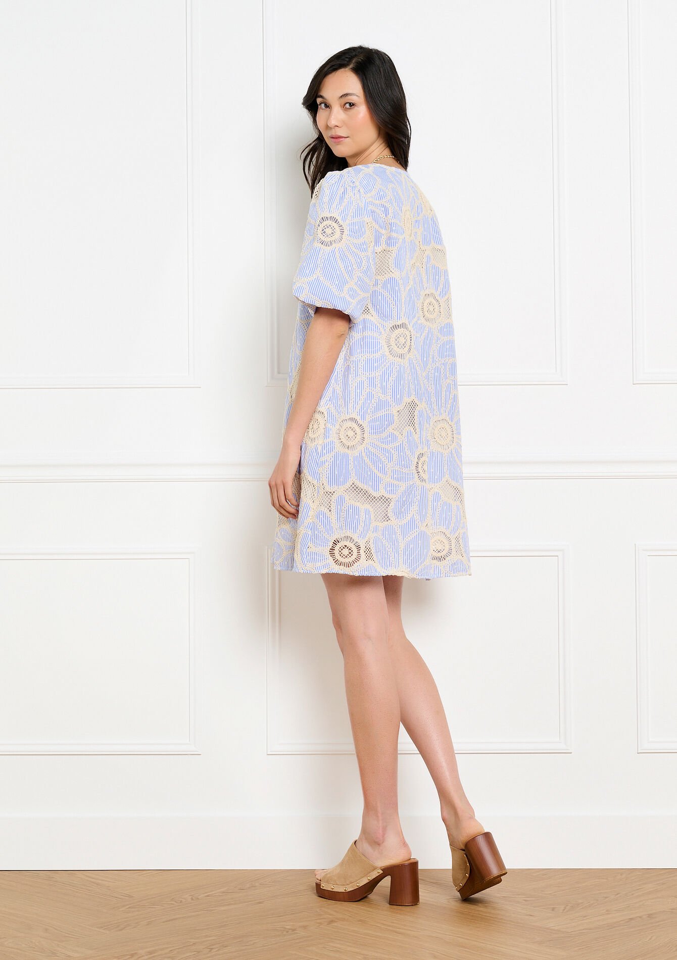Robe courte brodée volume, Robe courte brodée volume - BLUE PASTEL - 08104513_3003