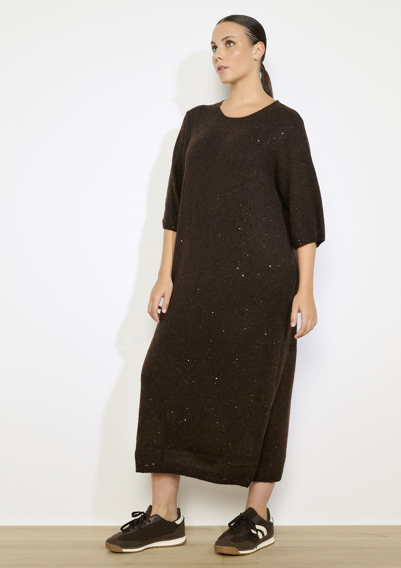 midi gebreide jurk met pailletten, midi gebreide jurk met pailletten - CAMEL BROWN - 08104076_3818