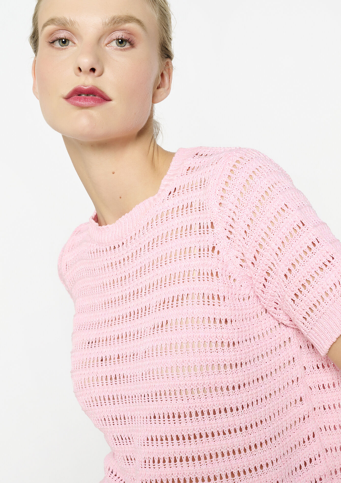 Opengewerkte t-shirt met korte mouwen, Opengewerkte t-shirt met korte mouwen - PINK BUBBLEGUM - 02301825_1477