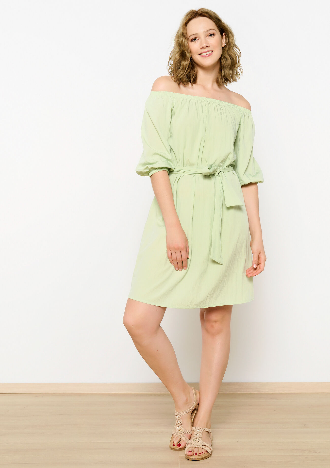 Off-shoulder jurk met striklint, Off-shoulder jurk met striklint - LIME - 08103694_4711
