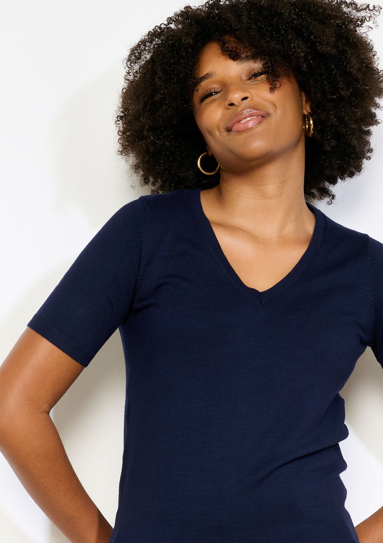 Pull col V manches courtes - NAVY BASIC - 04007025_2723