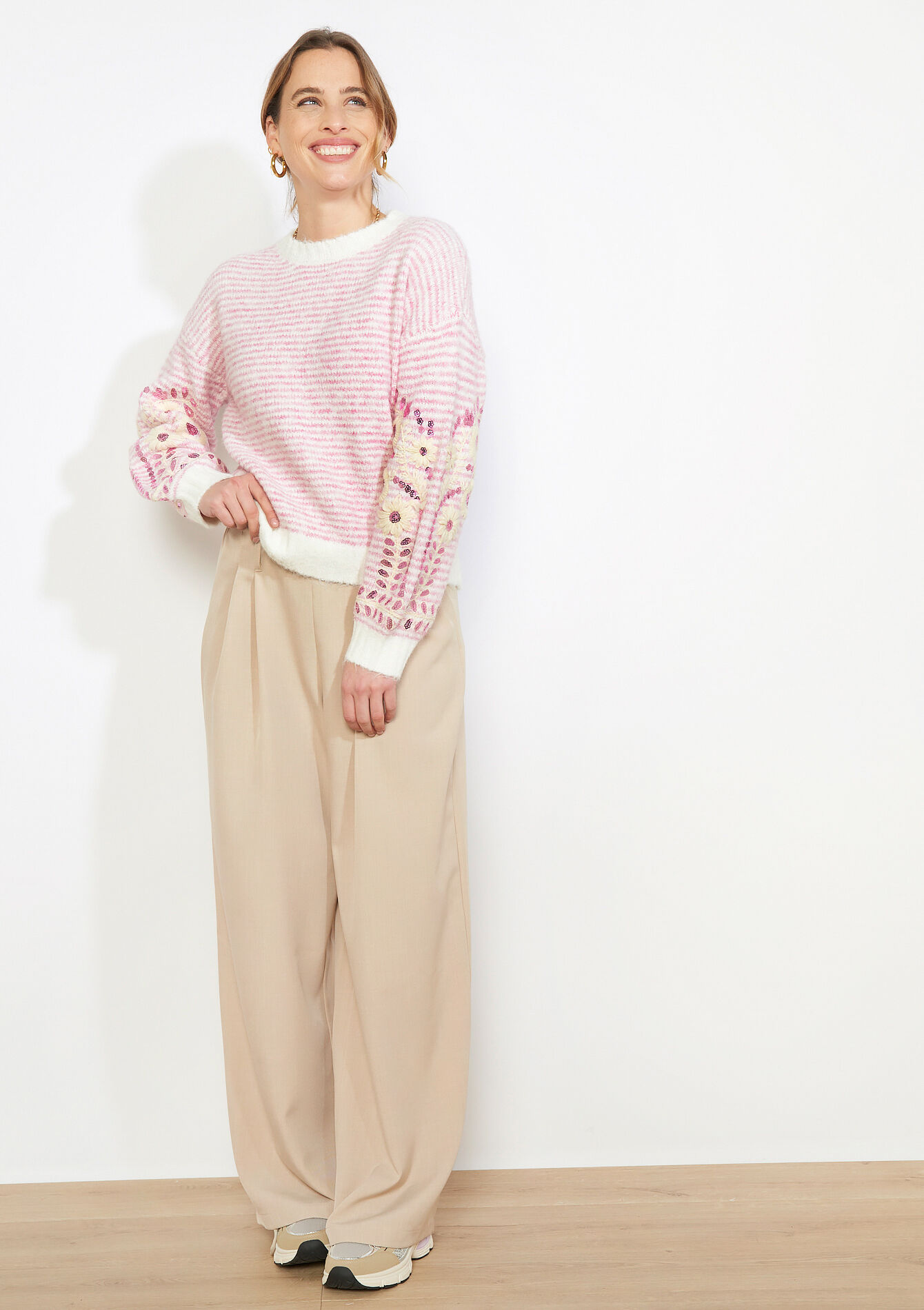 Embroidered striped sweater - LIGHT PINK - 04007201_1303
