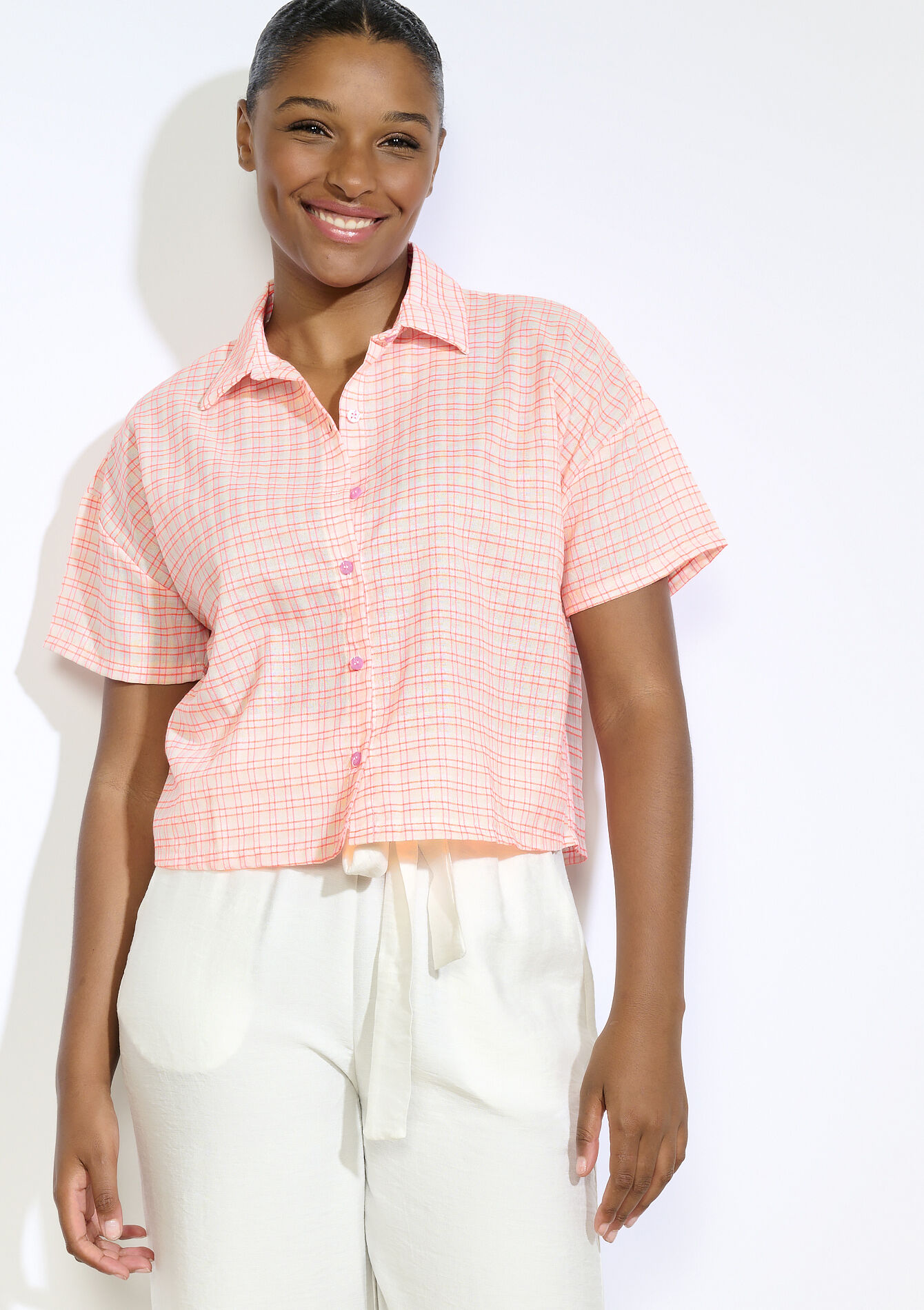 Korte geruite blouse, Korte geruite blouse - ORANGE BRIGHT - 05702923_1255