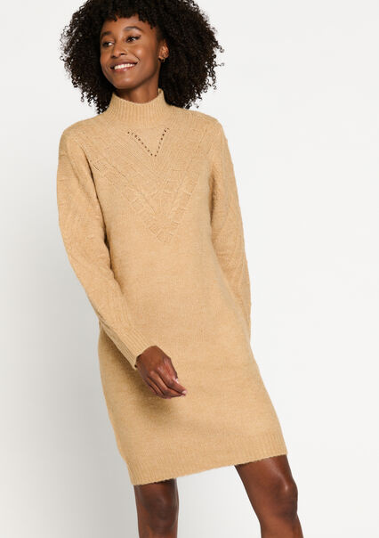 Cable-knit pullover dress - CAMEL - 08103304_950