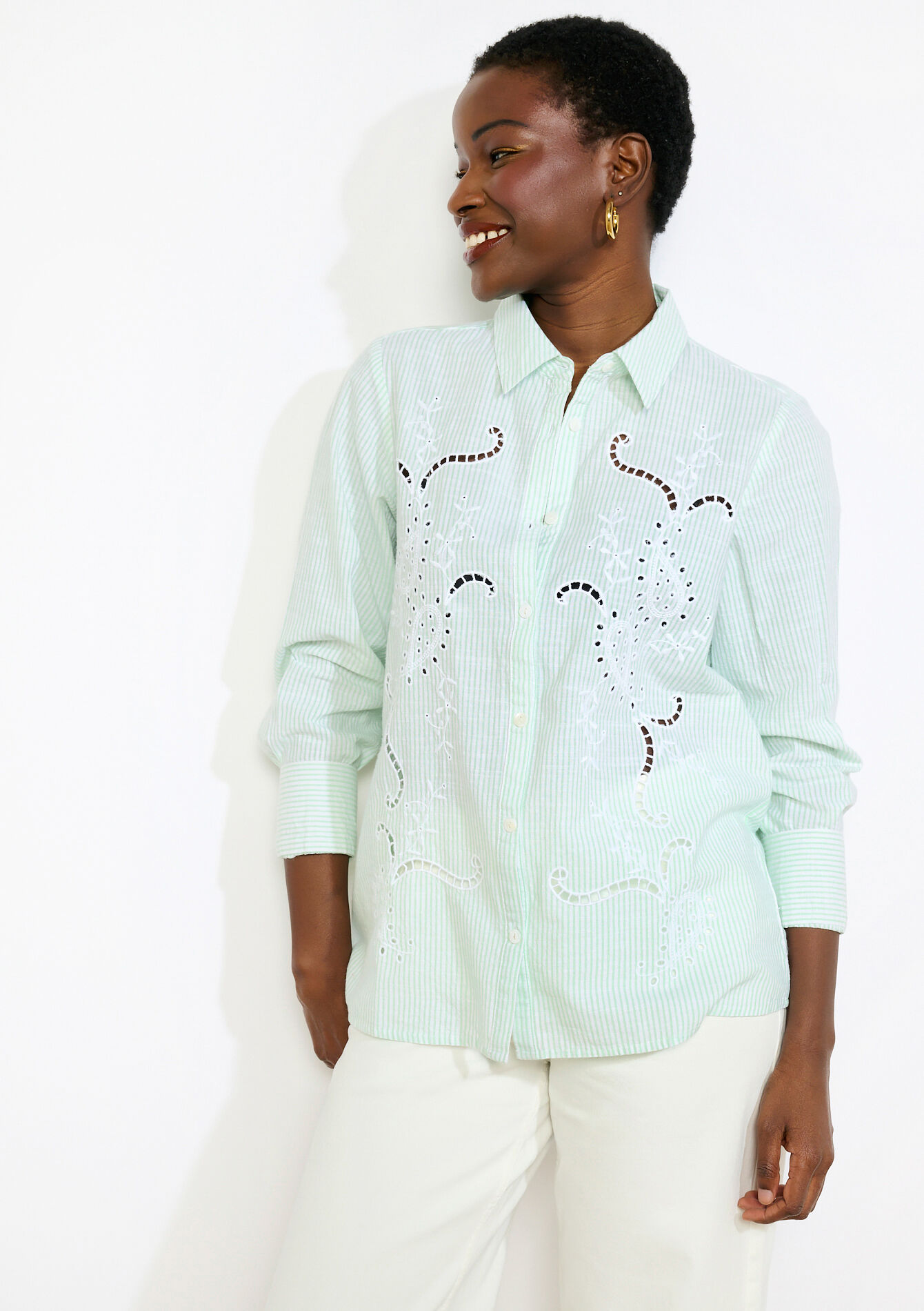 Chemise brodée à rayures - LIGHT GREEN PASTEL - 05702951_1822