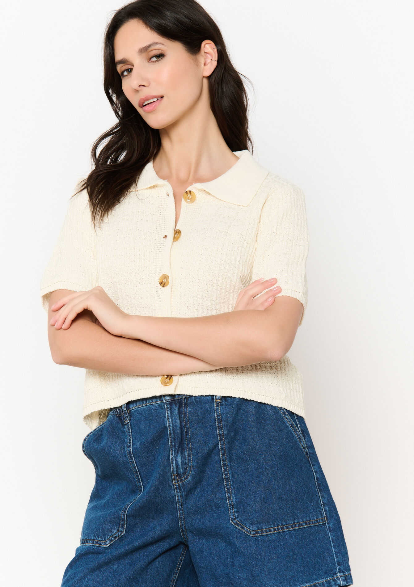 Cropped textured top - VANILLA WHITE - 02301827
