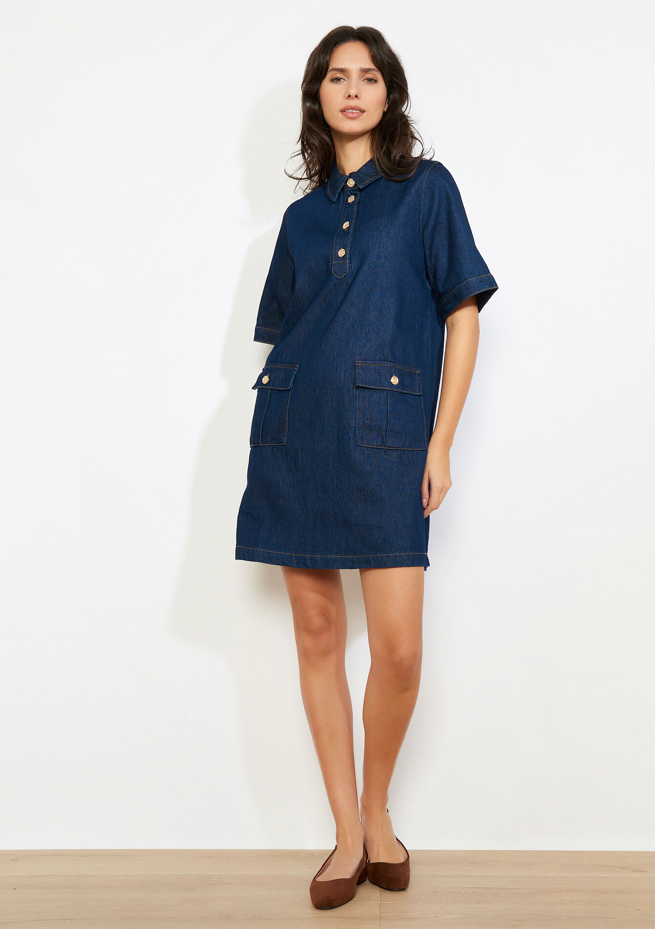 Korte overhemdjurk van denim - DARK BLUE - 08104289_0501