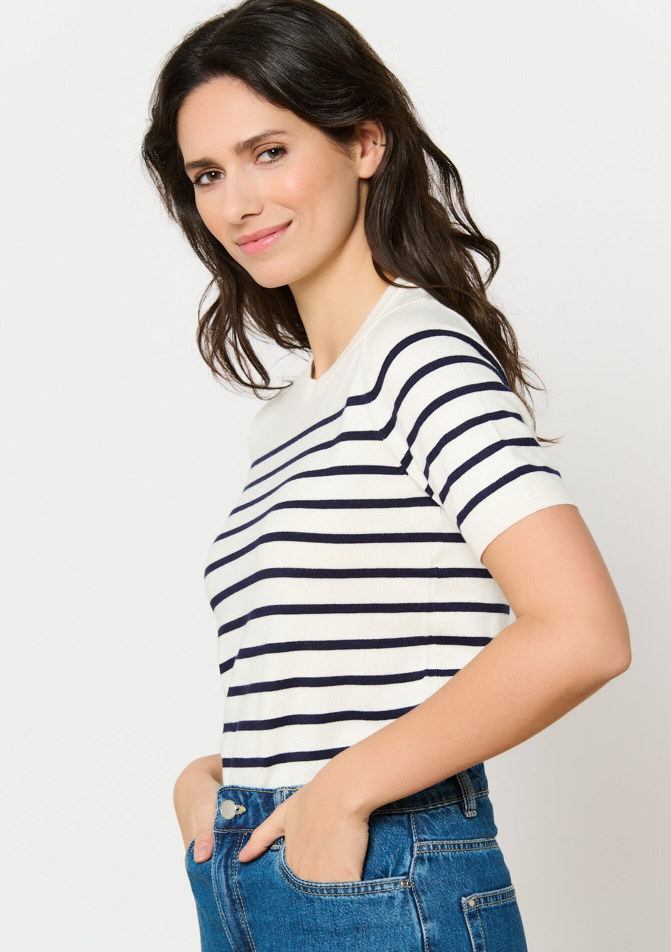 Gestreepte trui met korte mouwen, Gestreepte trui met korte mouwen - OFFWHITE - 04006654