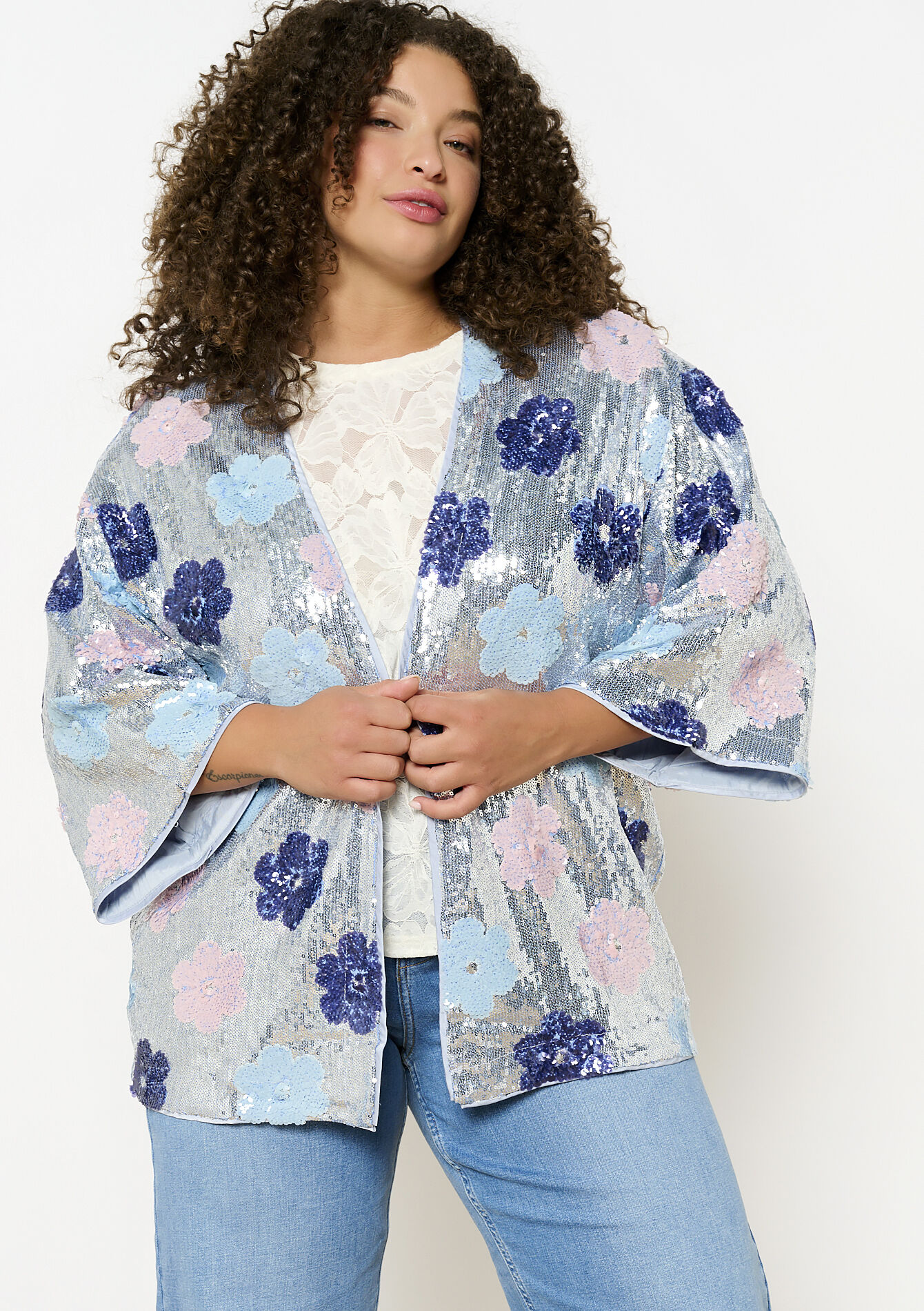 Kimono à sequins floraux, Kimono à sequins floraux - SILVER - 1123000
