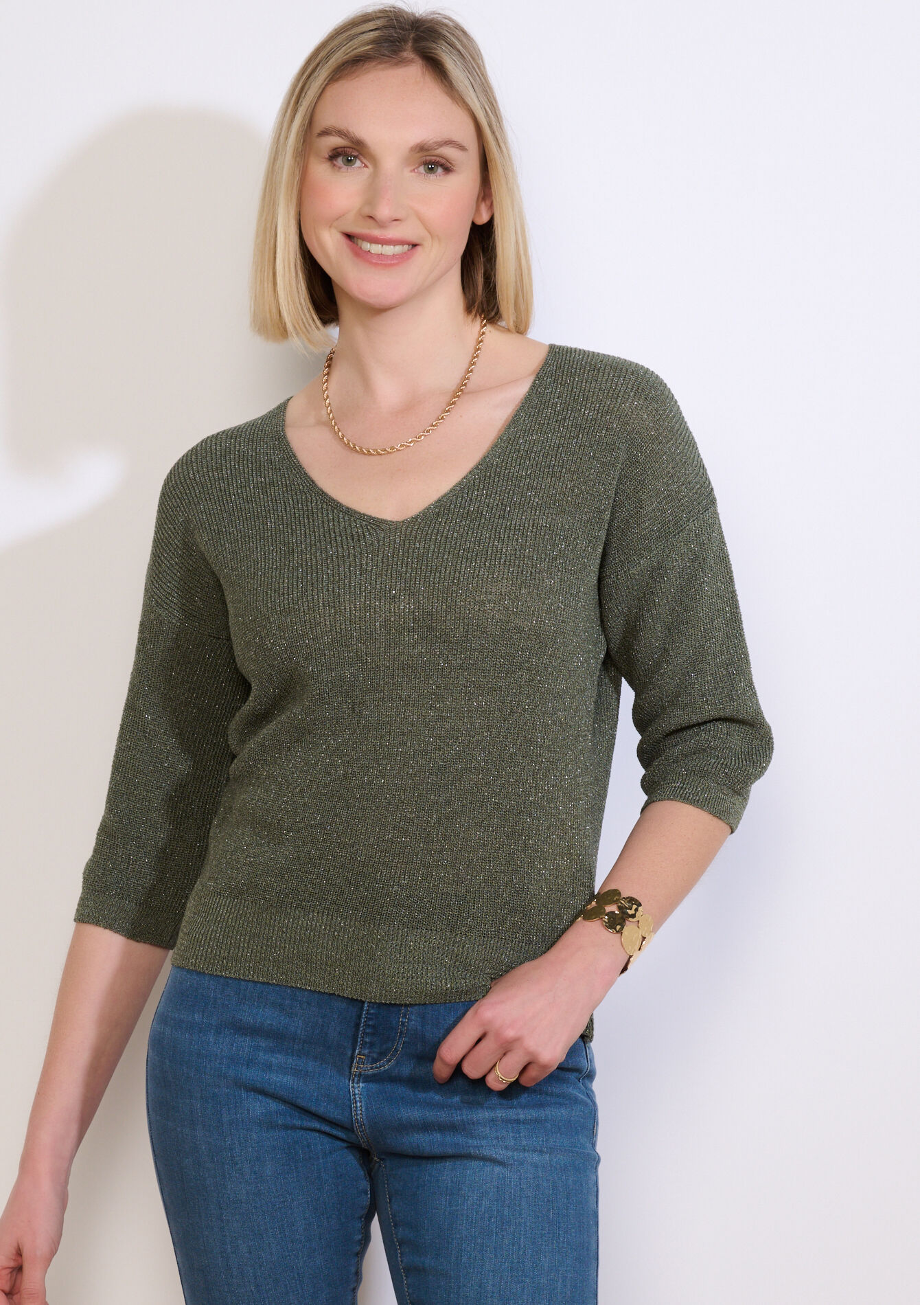 Lurex trui met v-hals - KHAKI FADED - 04007208_4326