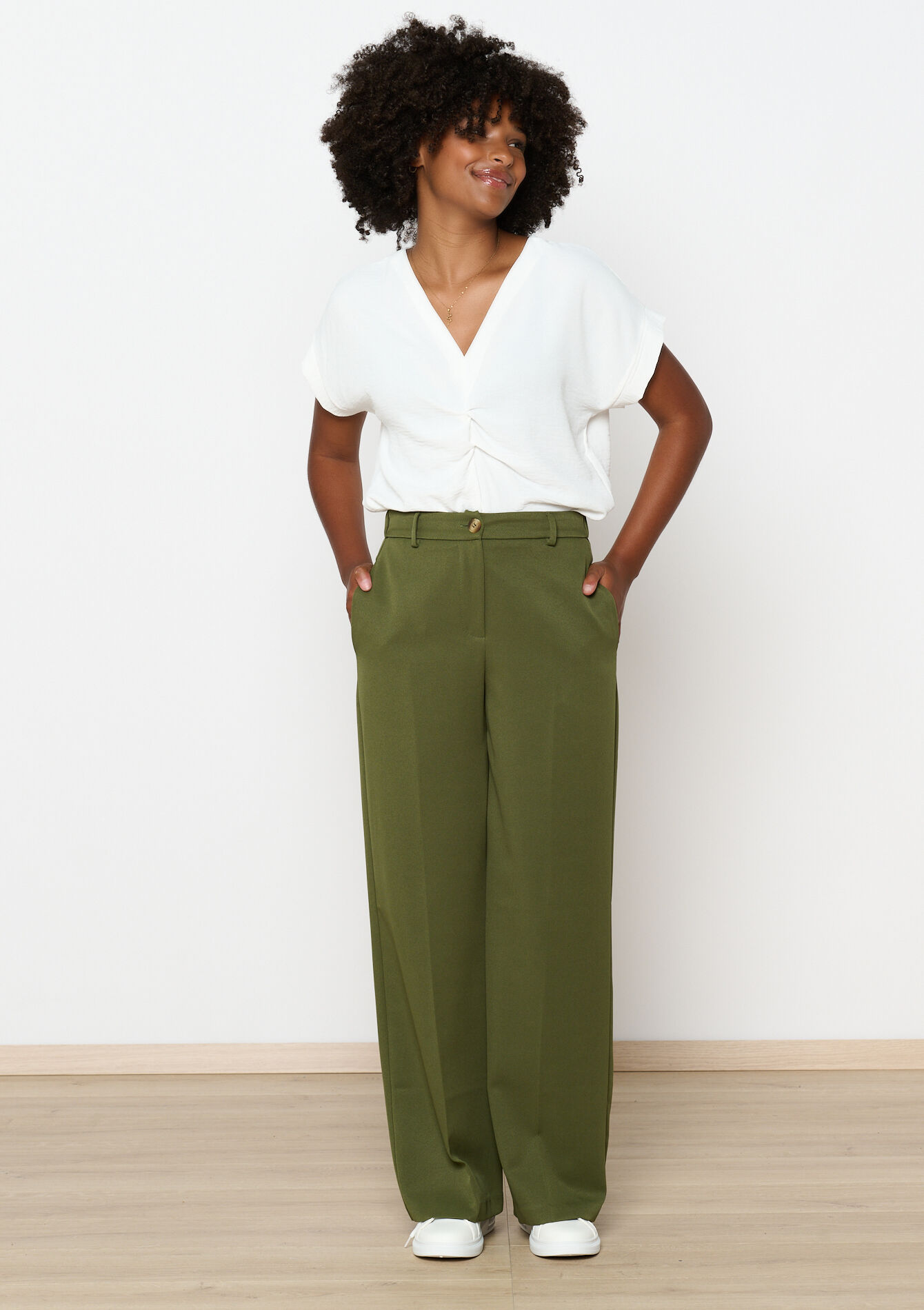 Wijde broek in keperstof, Wijde broek in keperstof - KHAKI MED - 06100648_4327