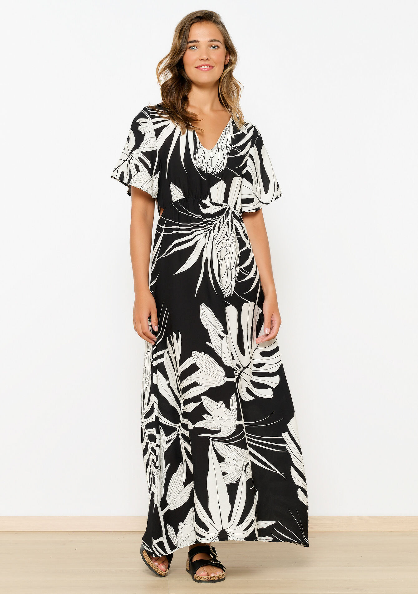 Maxi dress with leaf print, Maxi dress with leaf print - BLACK - 08103799_1119
