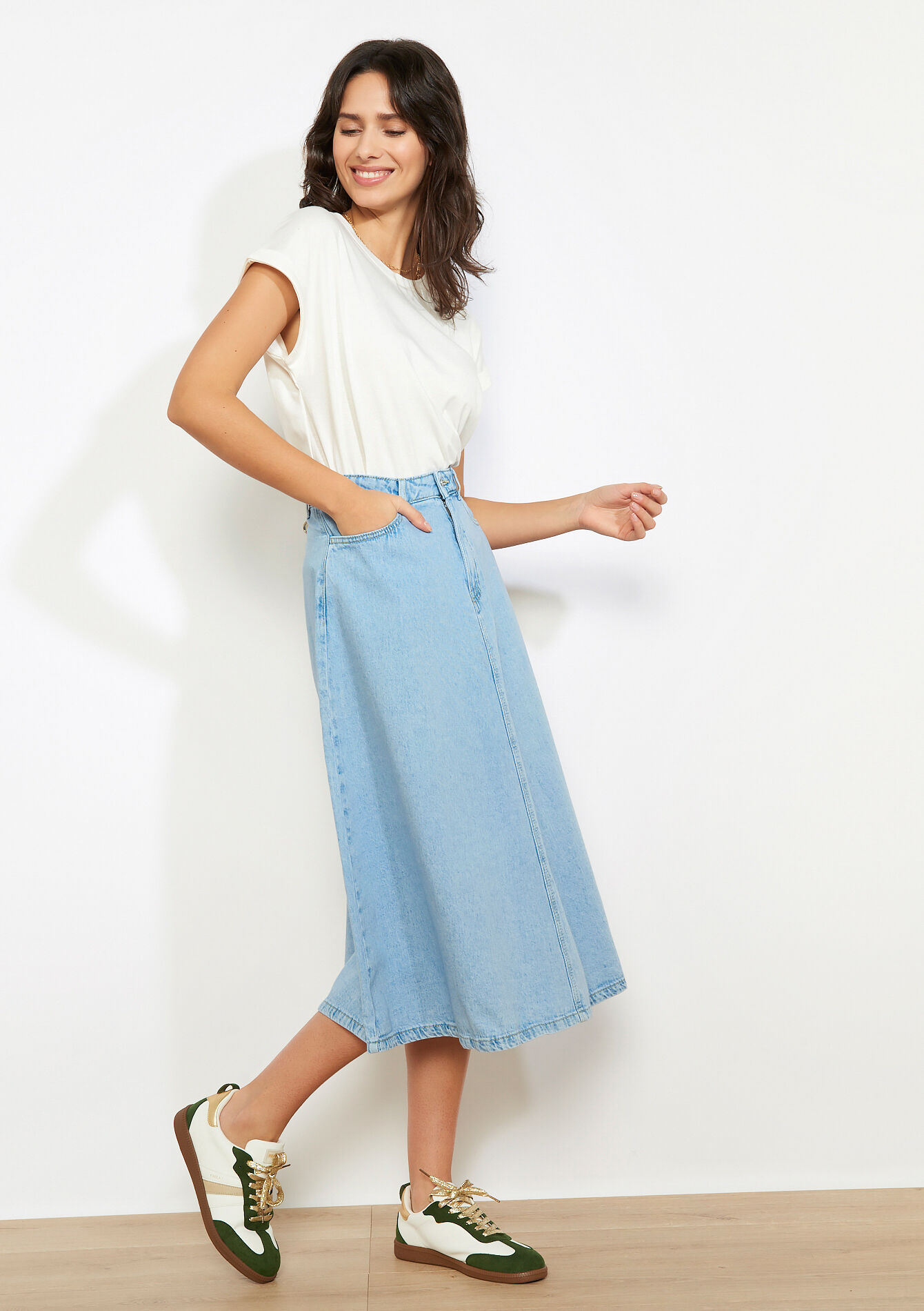 Jupe midi en denim - BLUE BLEACHED - 07101414_0502