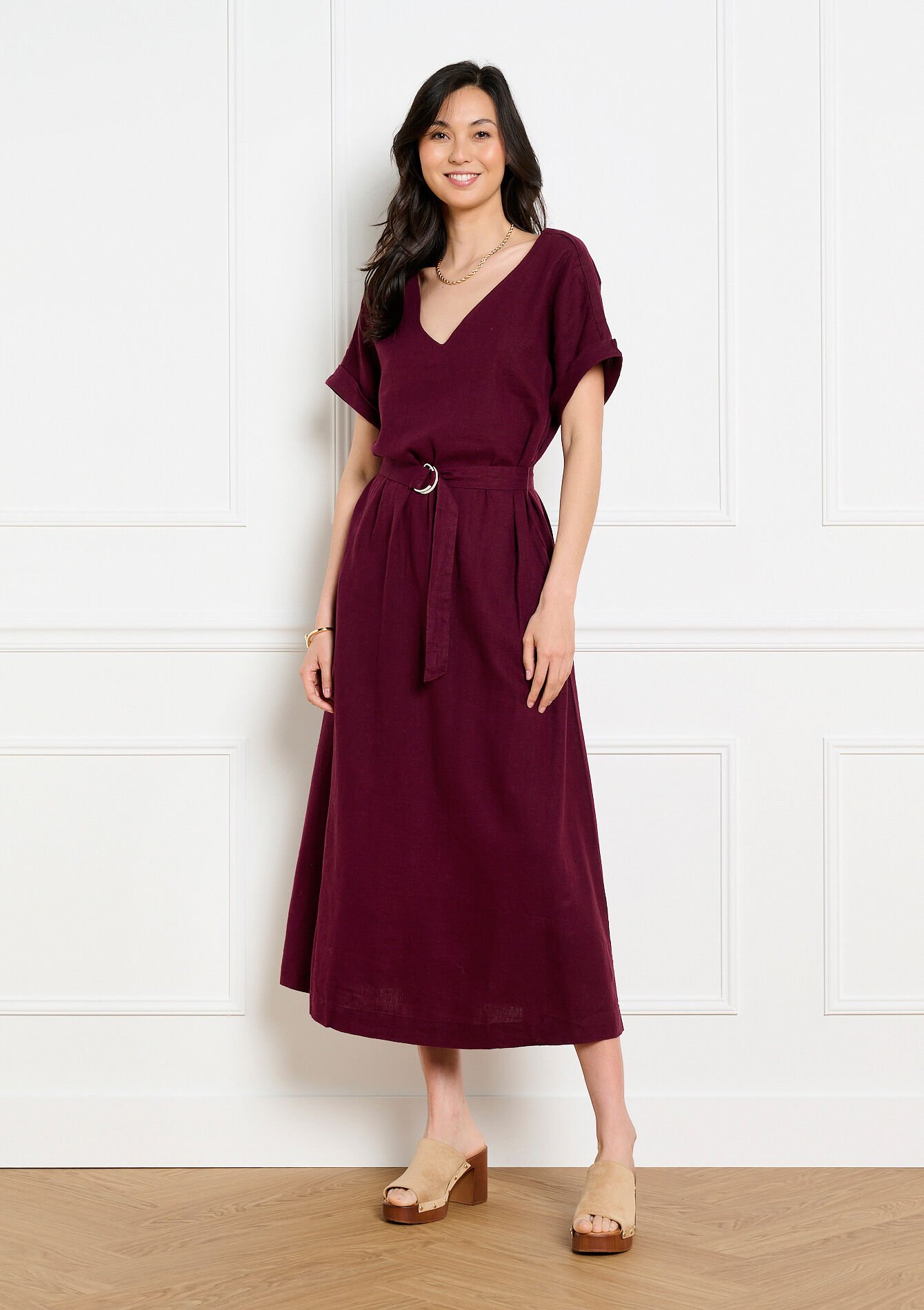 Robe midi ceinturée fluide - AUBERGINE - 08104332_1537