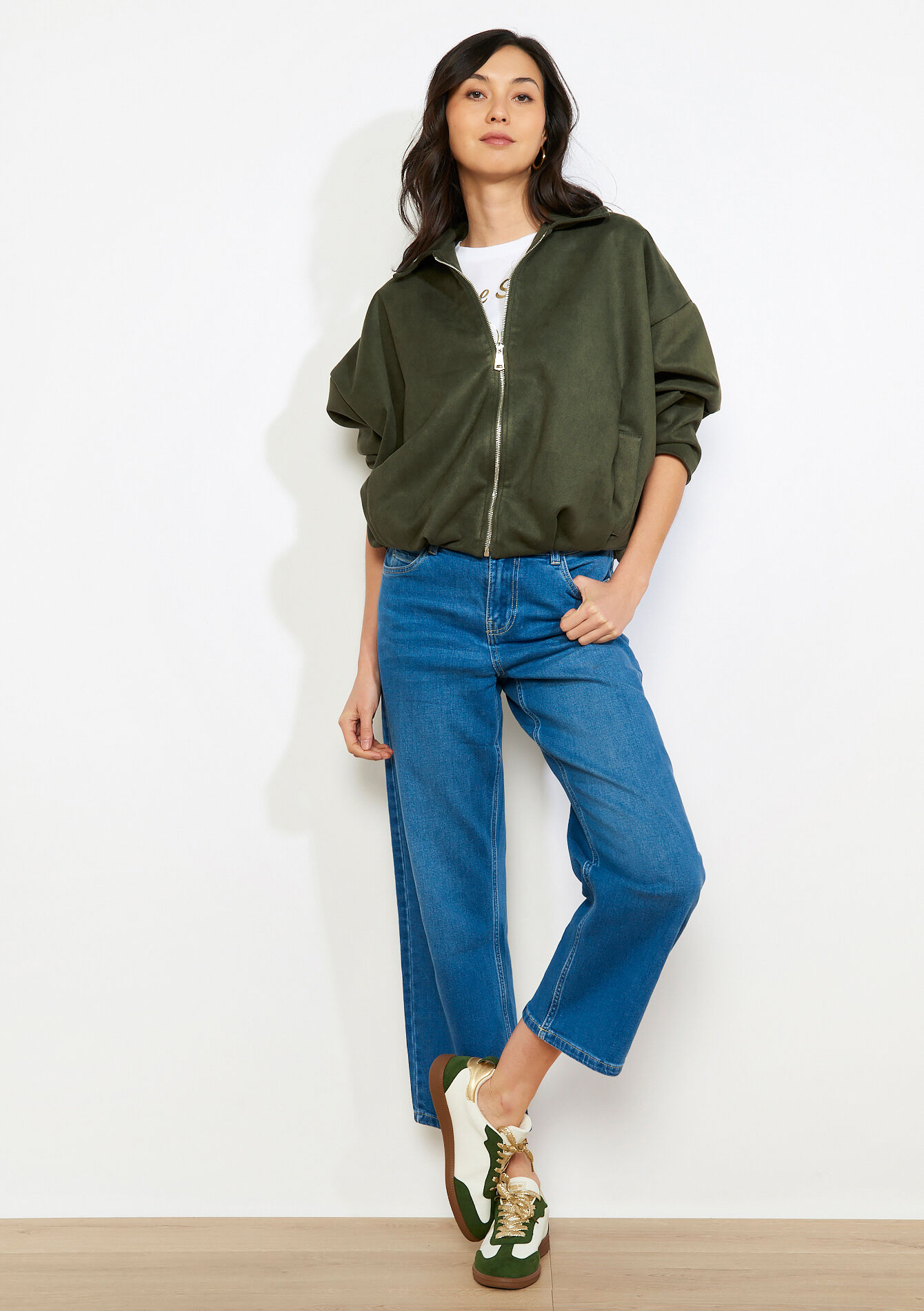 Oversized zip-up bomber - KHAKI DARKY - 09101174_4208