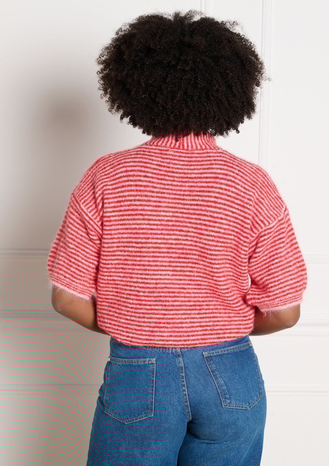 Gestreepte trui met korte mouwen - PINK BUBBLEGUM - 04007220_1477