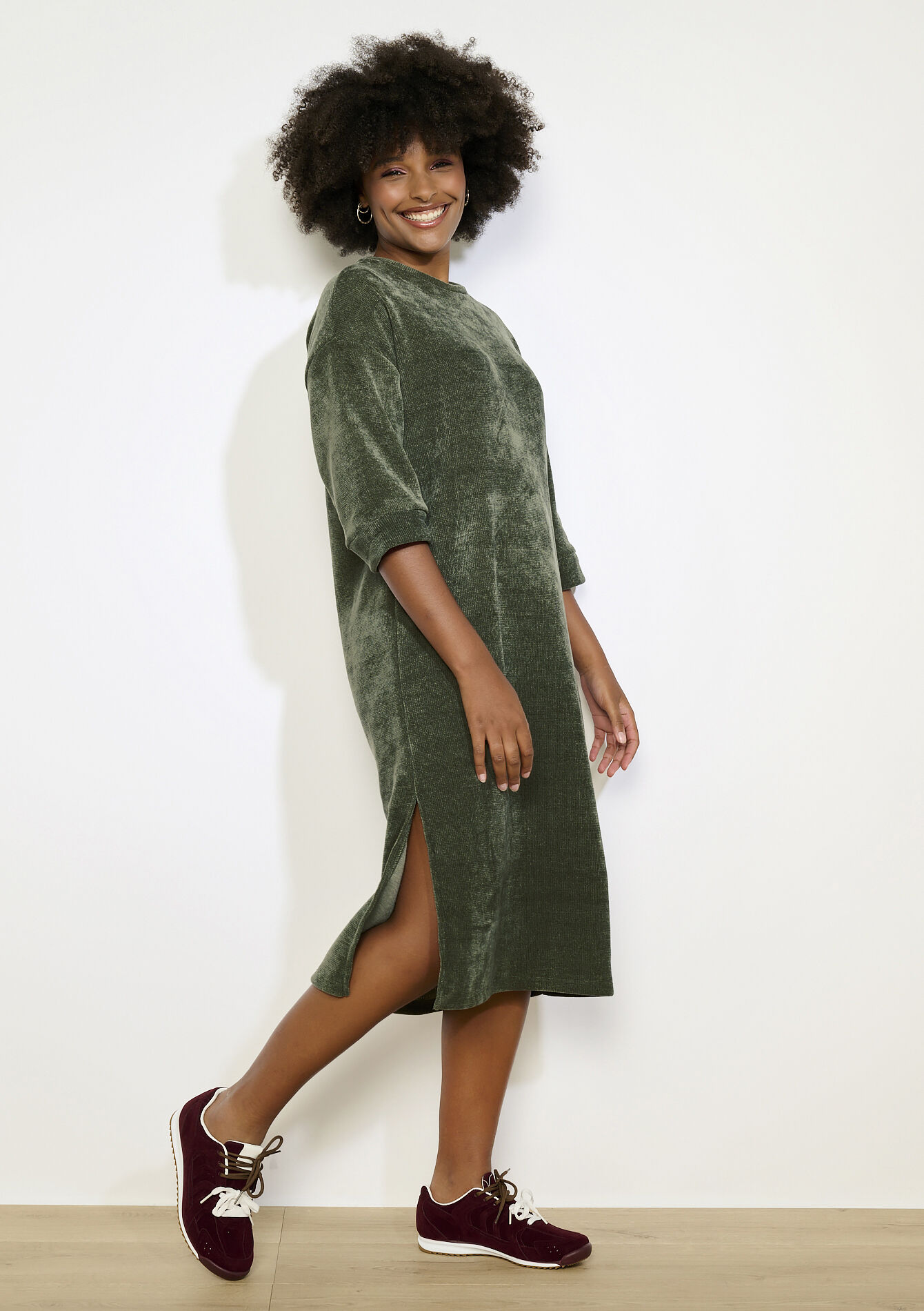 Ribfluwelen midi-jurk, Ribfluwelen midi-jurk - KHAKI DARKY - 08104371_4208