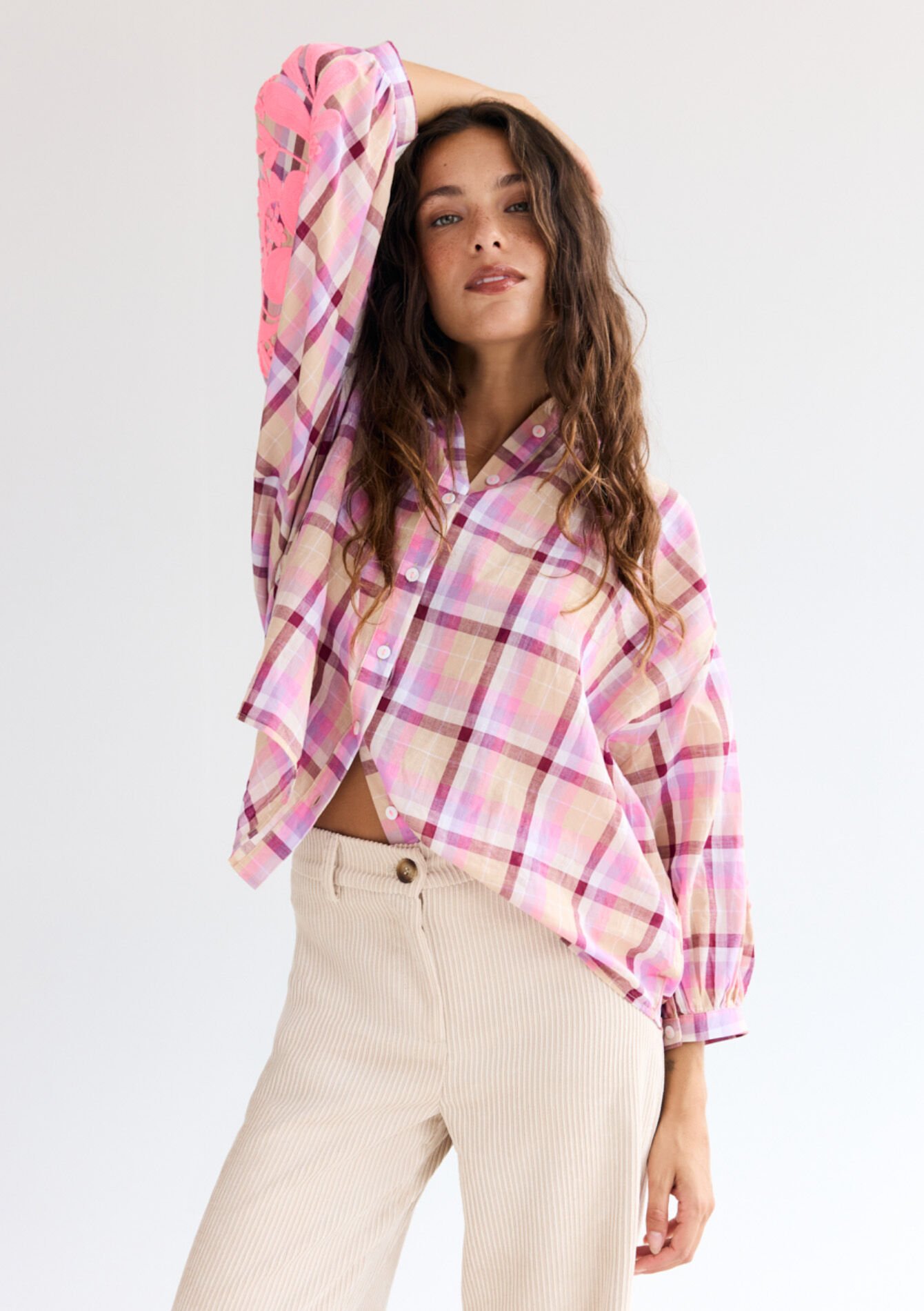 Blouse à carreaux brodée, Blouse à carreaux brodée - VANILLA WHITE - 05702941_1013