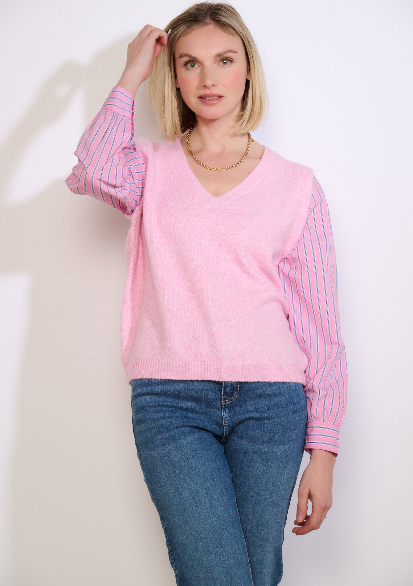 Trui met poplin laagjeslook - PINK BUBBLEGUM - 04007167