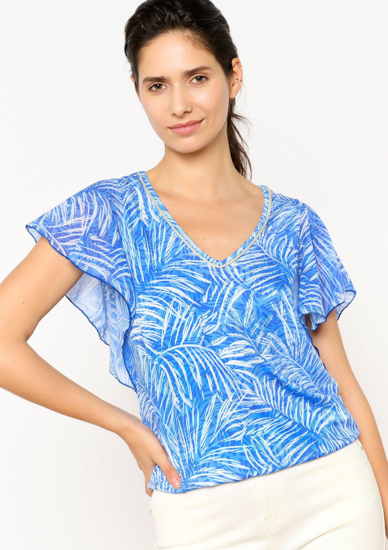 Voile T-shirt met bladerprint - ELECTRIC BLUE - 02301613_1619