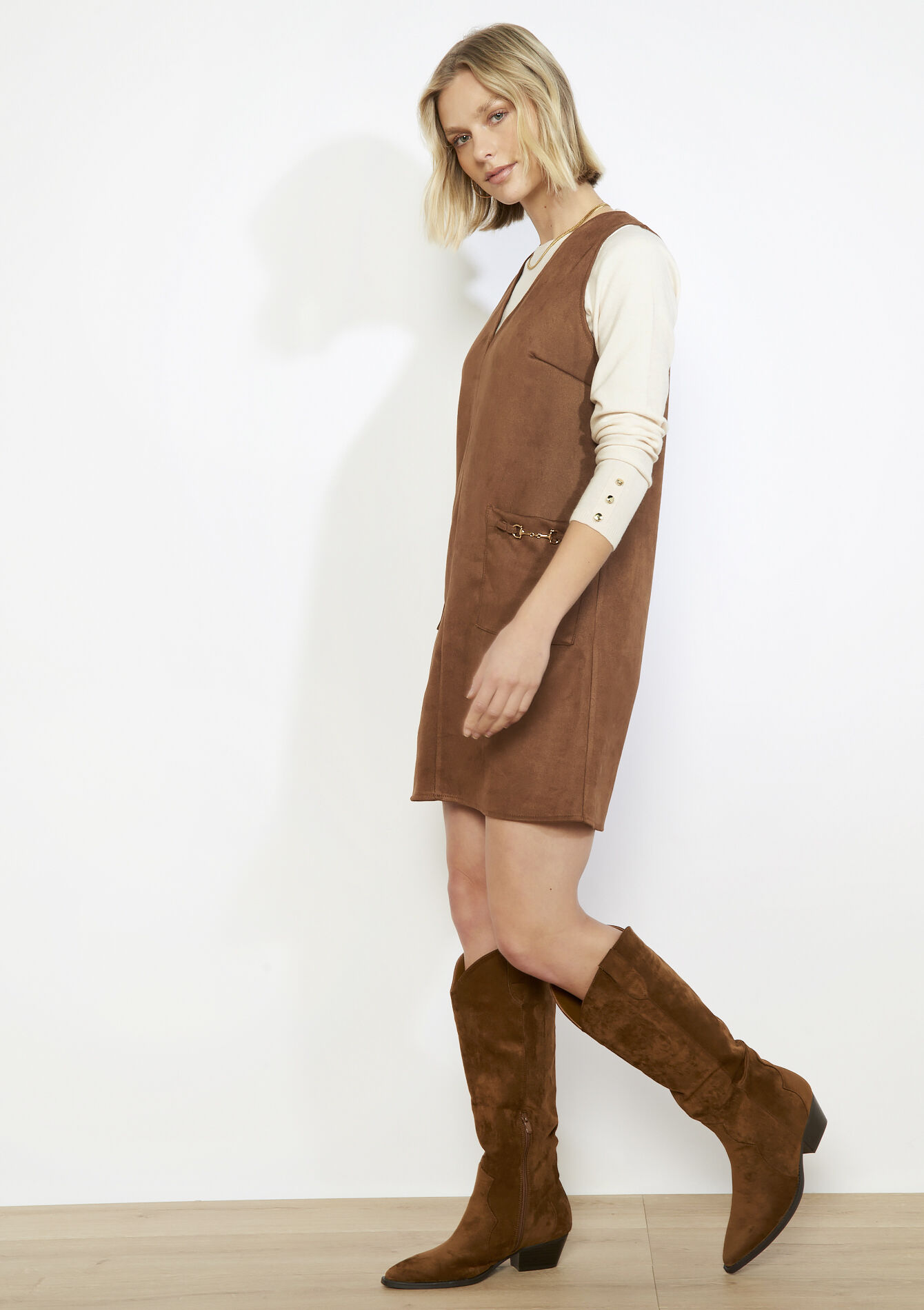 Sleeveless suedette dress, Sleeveless suedette dress - CAMEL CINNAMON - 08104420_3835