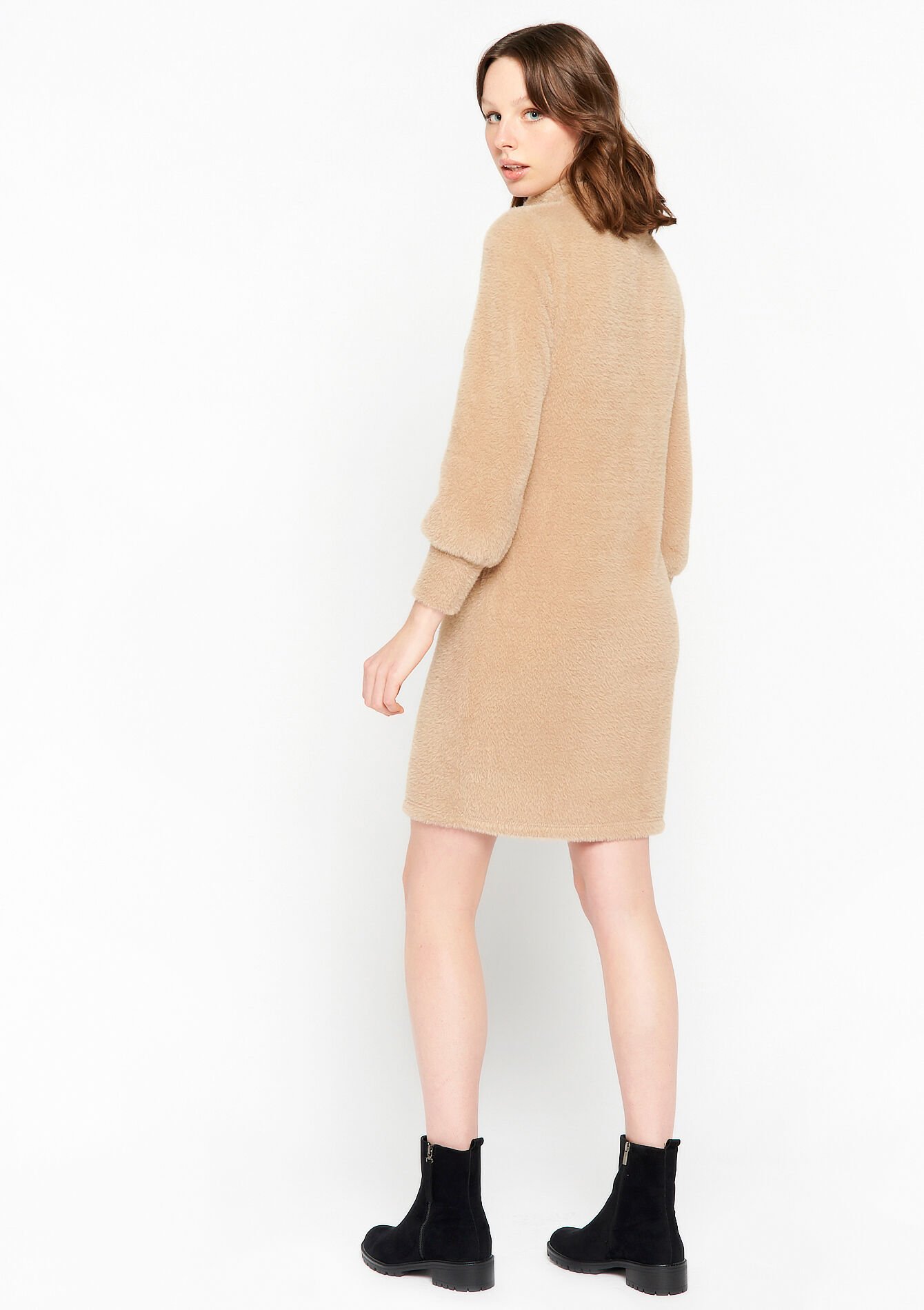 Eyelash pullover dress with roll neck - LIGHT CAMEL - 08103130_3814