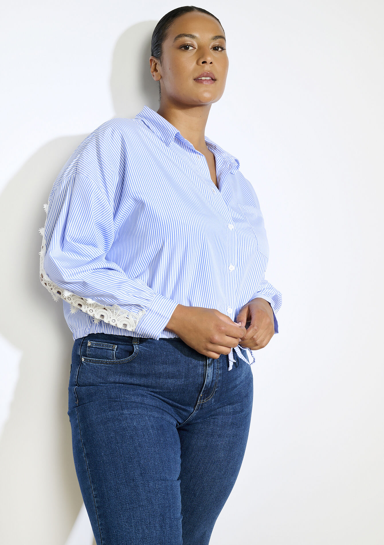 Chemise à empiècements brodés, Chemise à empiècements brodés - BLUE PASTEL - 05702925_3003