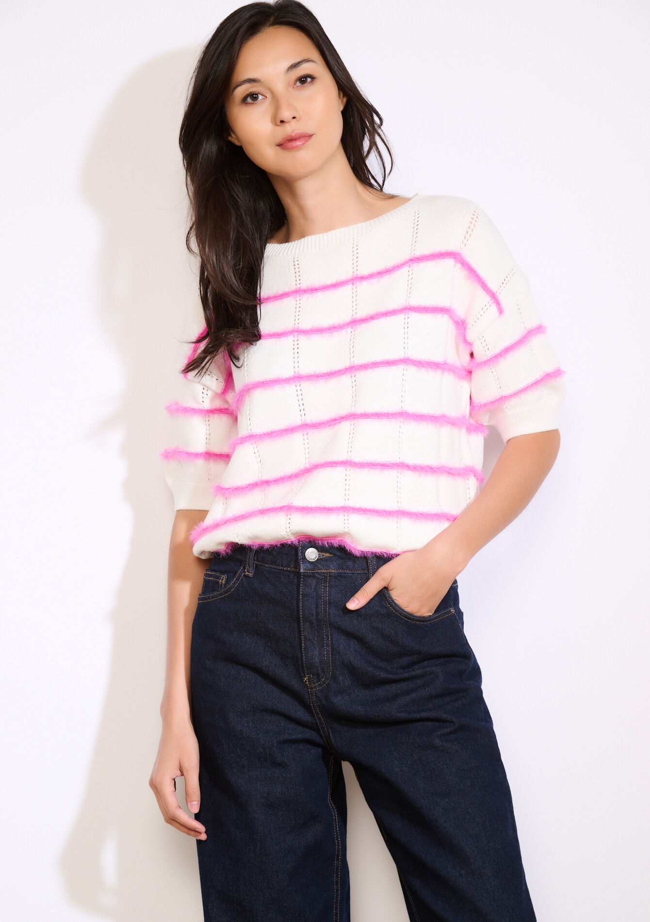 Pull rayé à courtes manches, Pull rayé à courtes manches - OFFWHITE - 04007045_1001