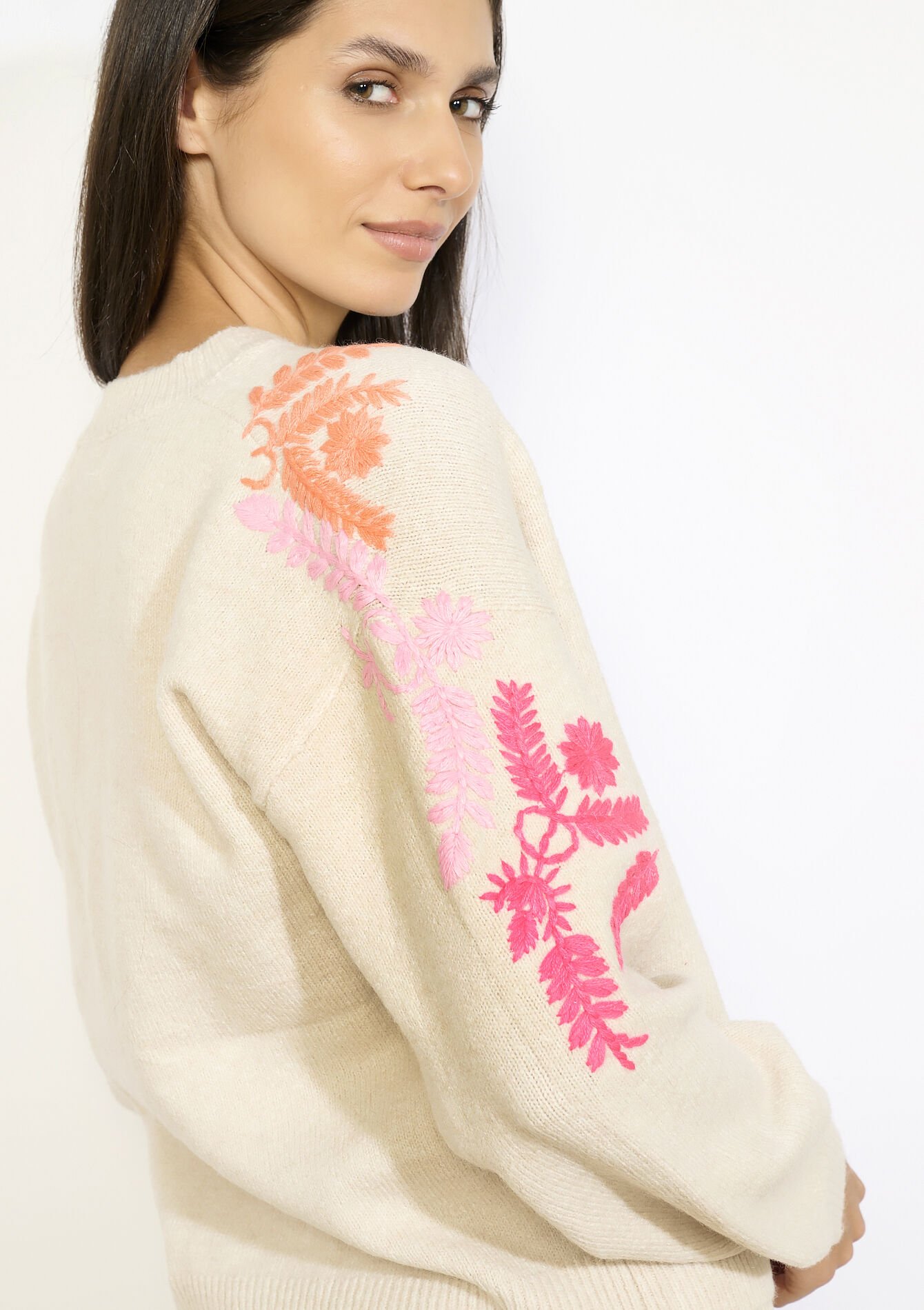 Trui met geborduurde mouwen, Trui met geborduurde mouwen - LT BEIGE - 04007060