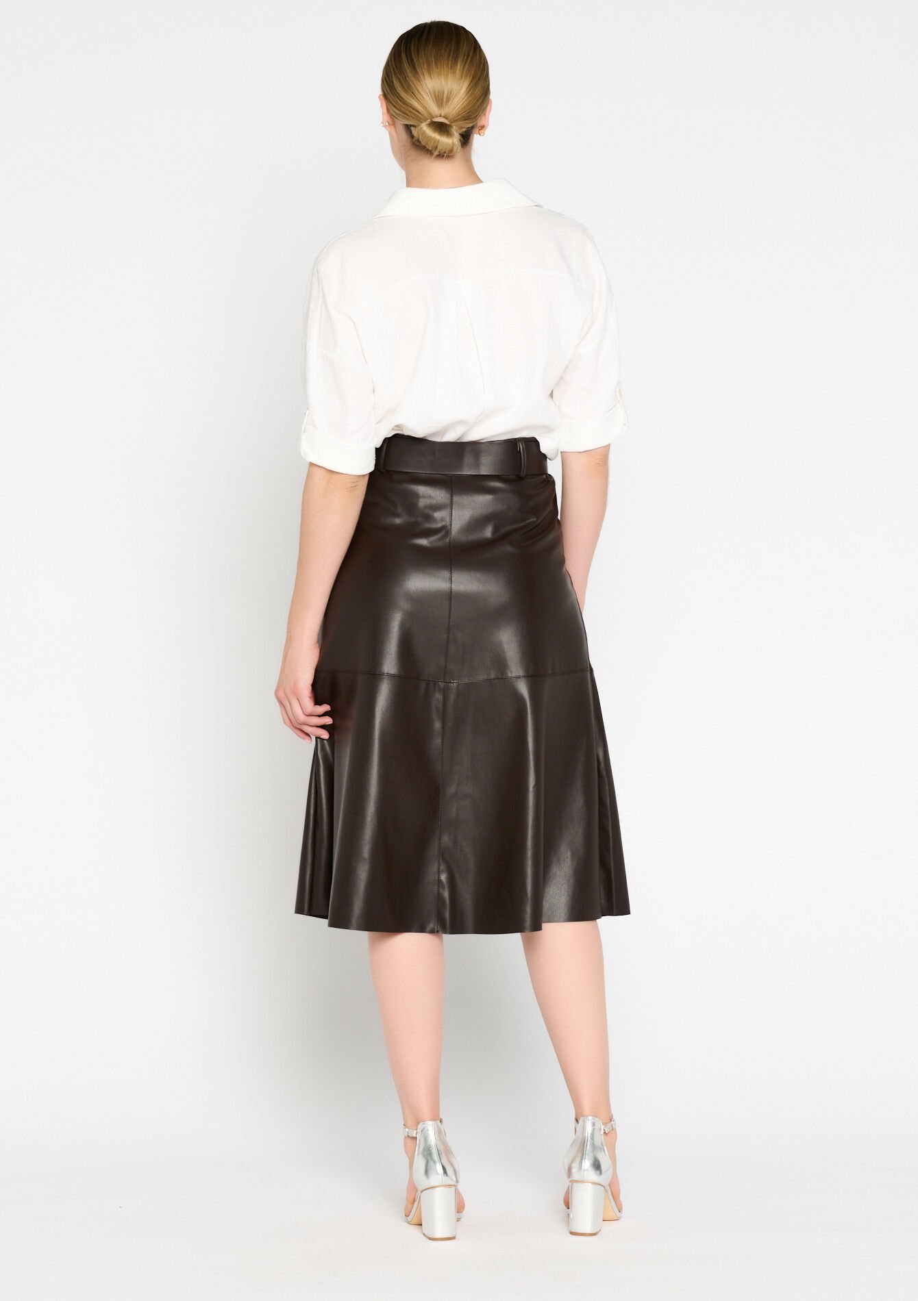 Jupe mi-longue en similicuir - BROWN DARK CHOCOLATE - 07101122_3720