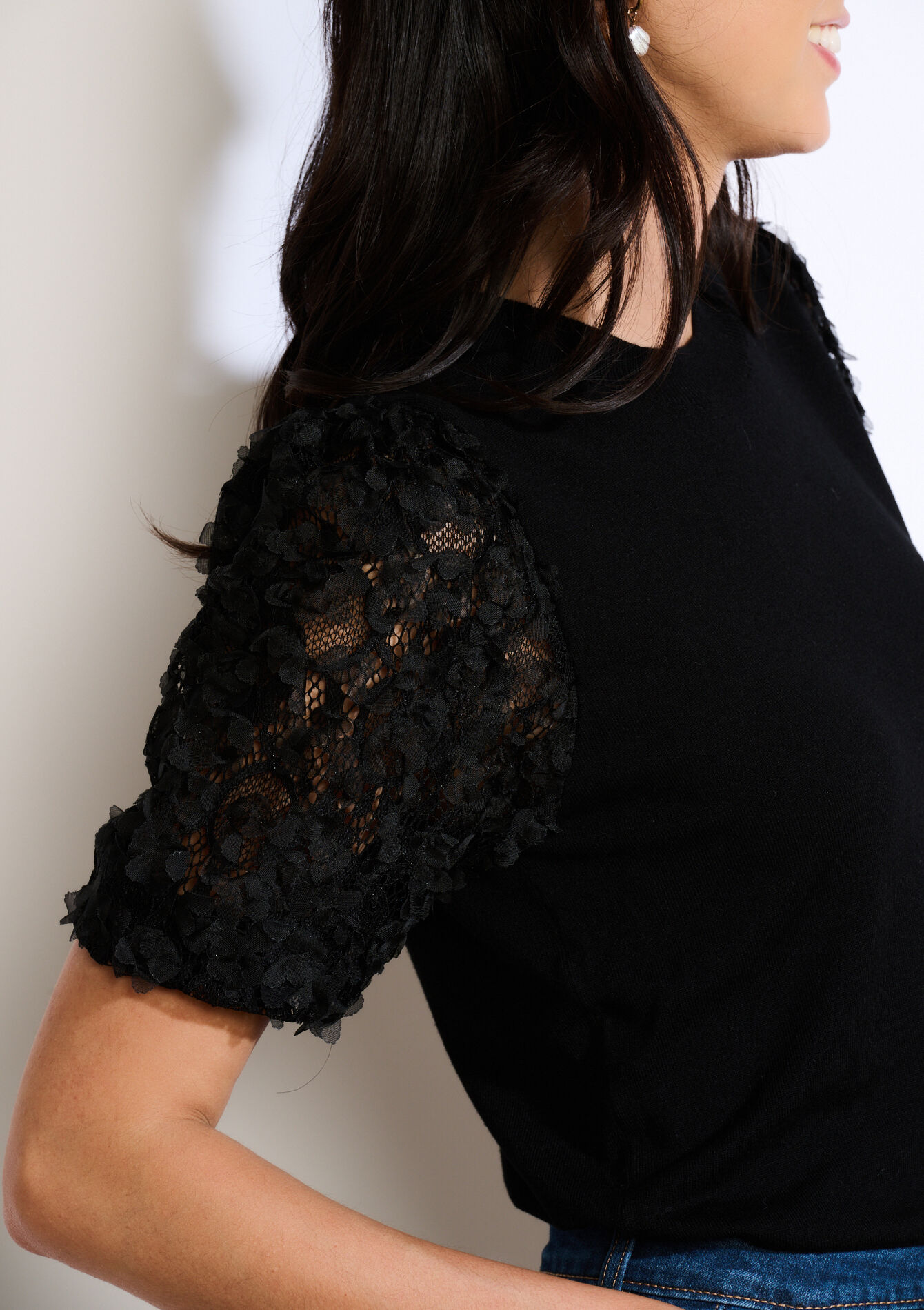 Top met kanten mouwen, Top met kanten mouwen - BLACK - 04006916_1119