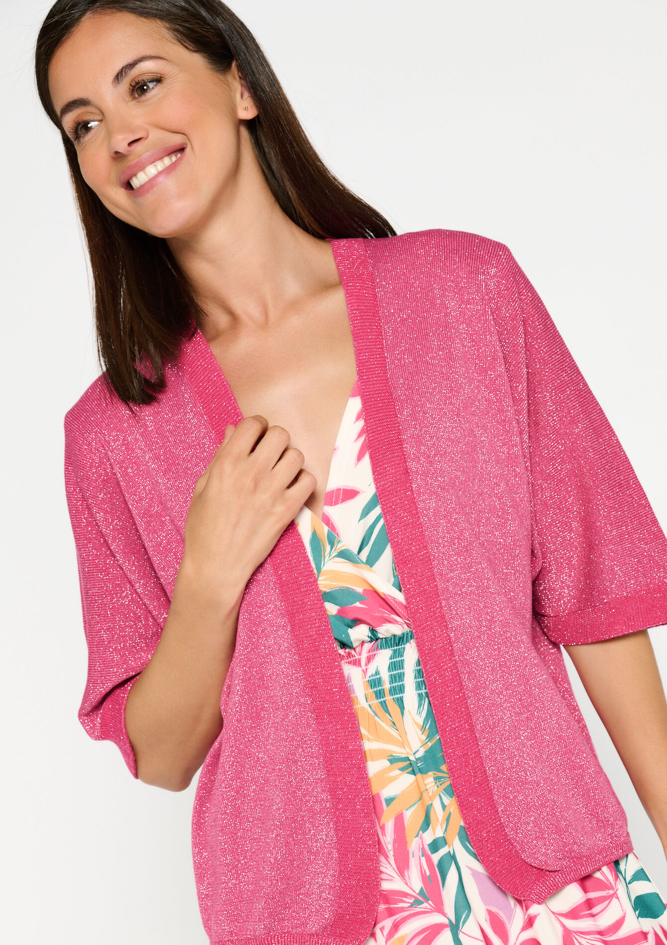 Korte cardigan in macramé - FUCHSIA - 04101059_5626