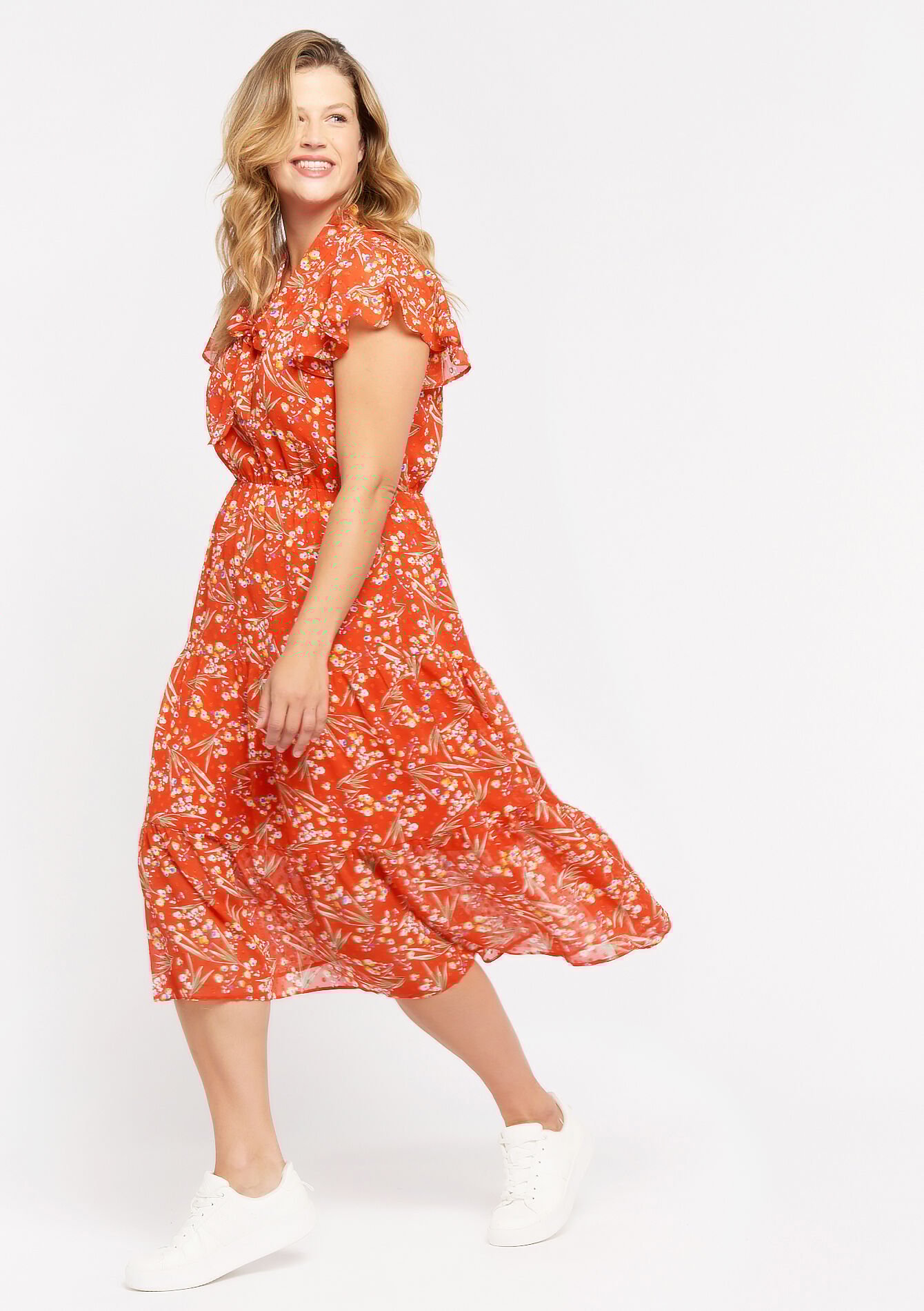 Midi jurk met bloemenprint - POPPY RED - 08102291_1400