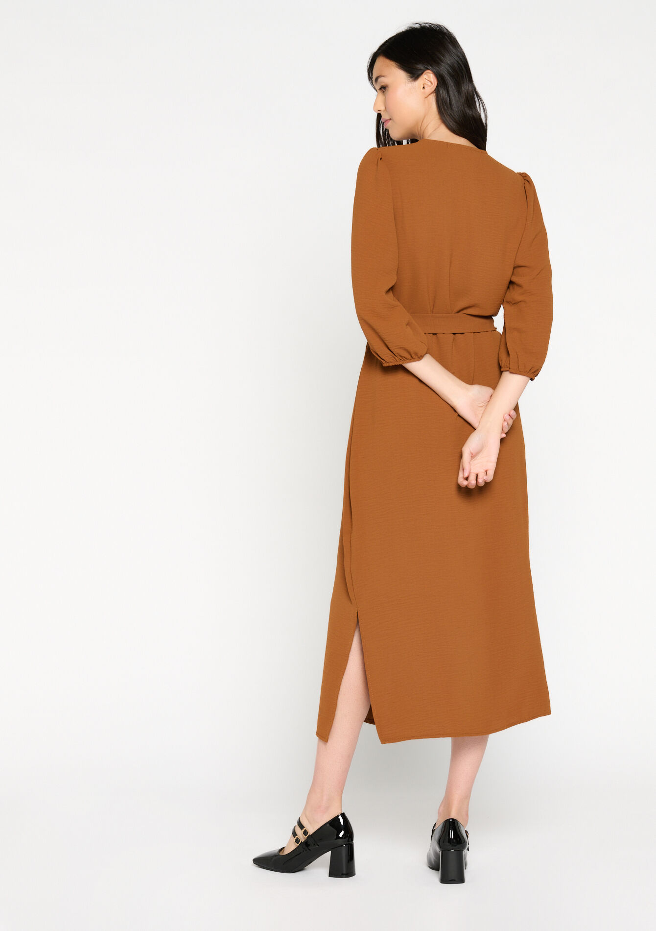 Midi dress in crinkle fabric, Midi dress in crinkle fabric - CARAMEL - 08602195_1953