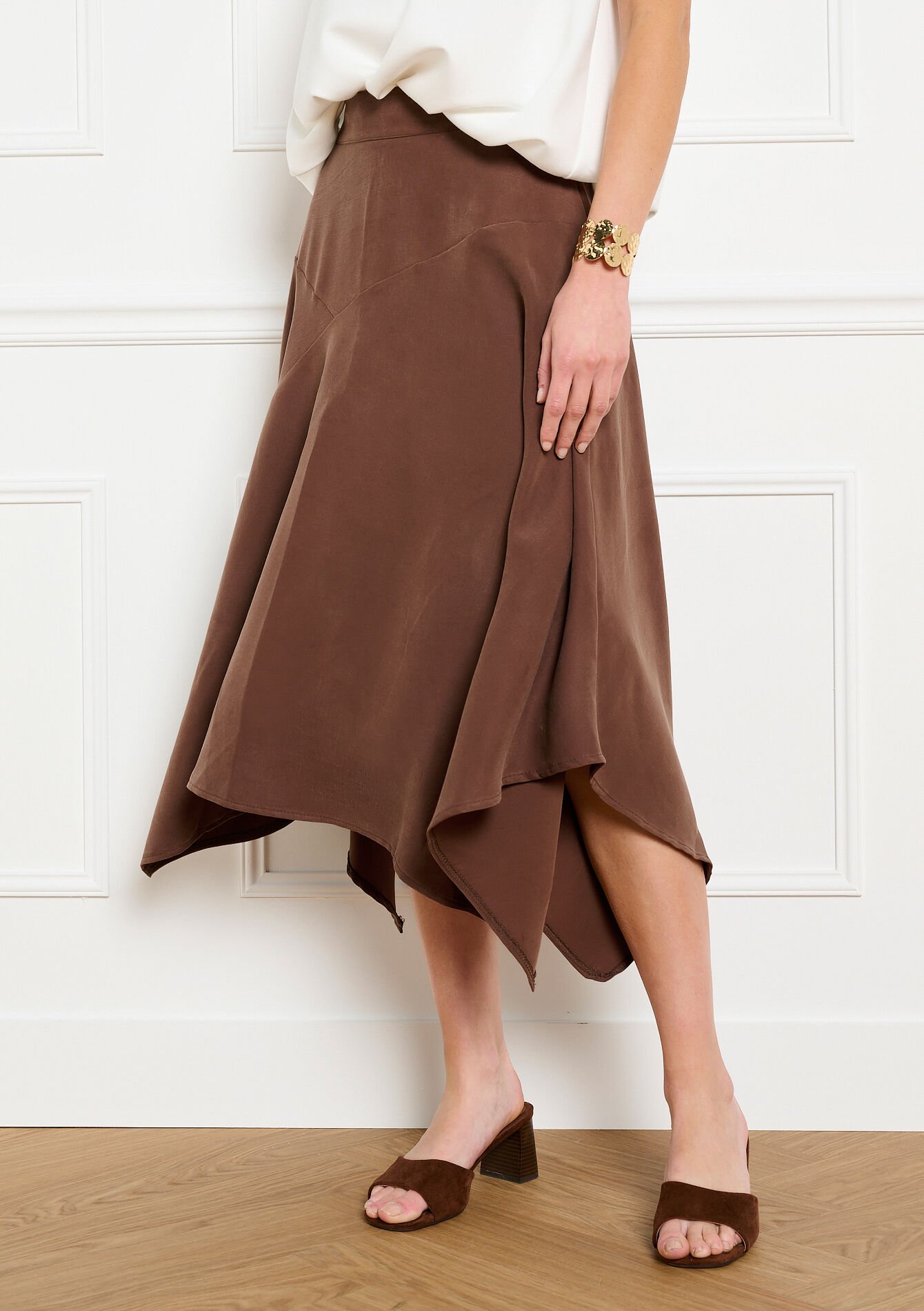 Asymmetrische midi rok - BROWN DARK CHOCOLATE - 07101497_3720