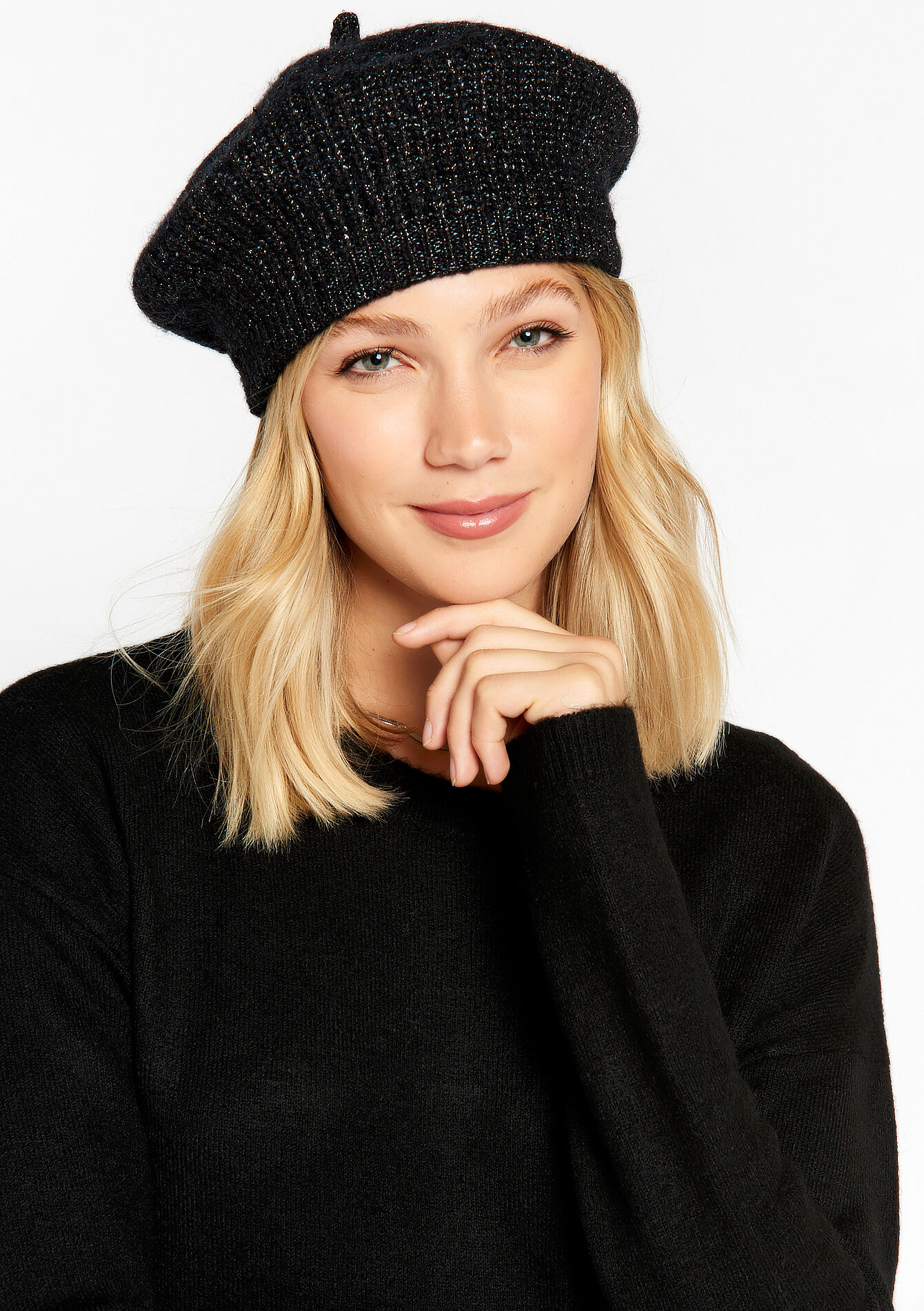 Knitted beret with lurex, Knitted beret with lurex - BLACK - 1081666