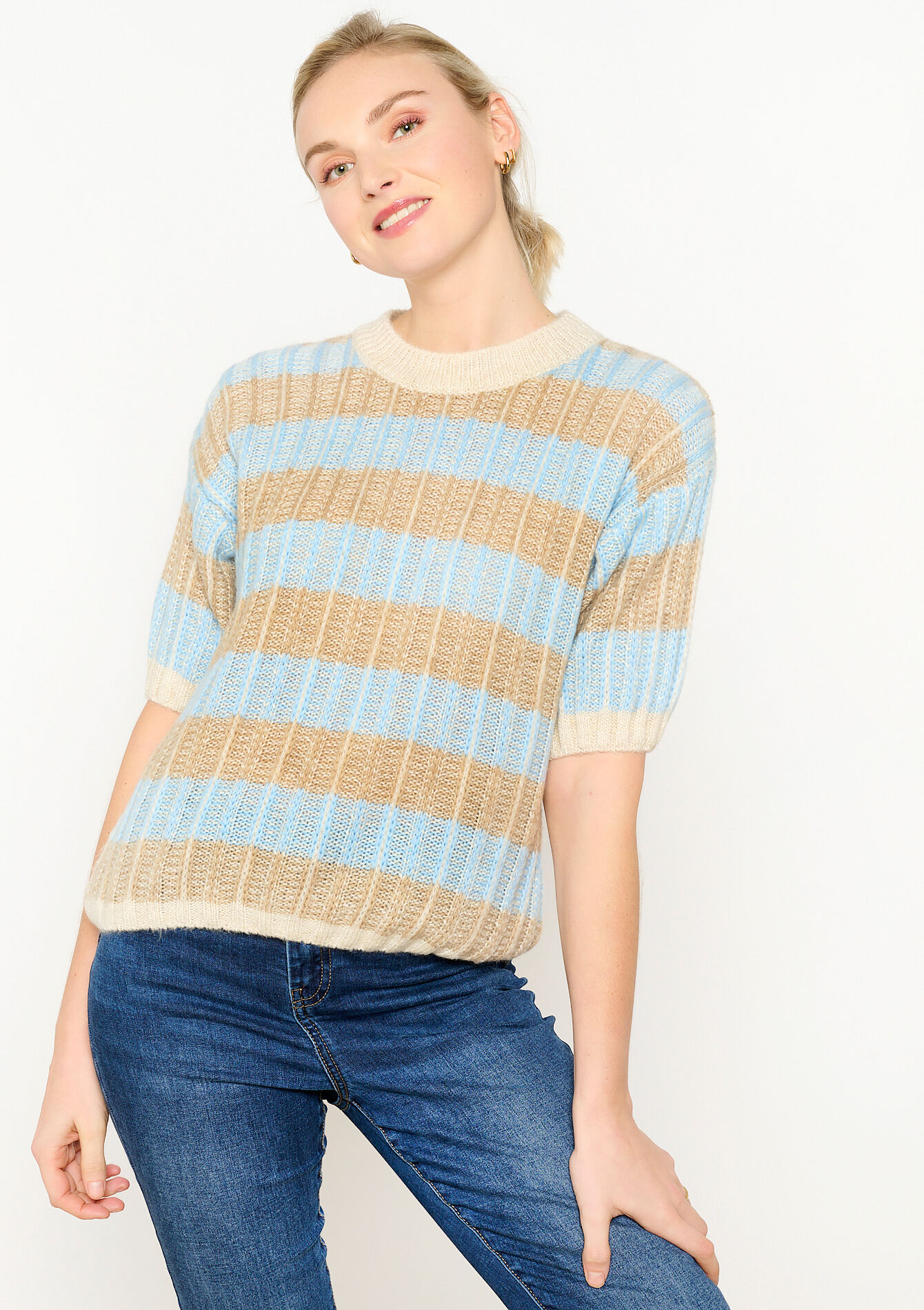 Ribbed pullover with short sleeves, Ribbed pullover with short sleeves - BLUE PASTEL - 04006465_3003