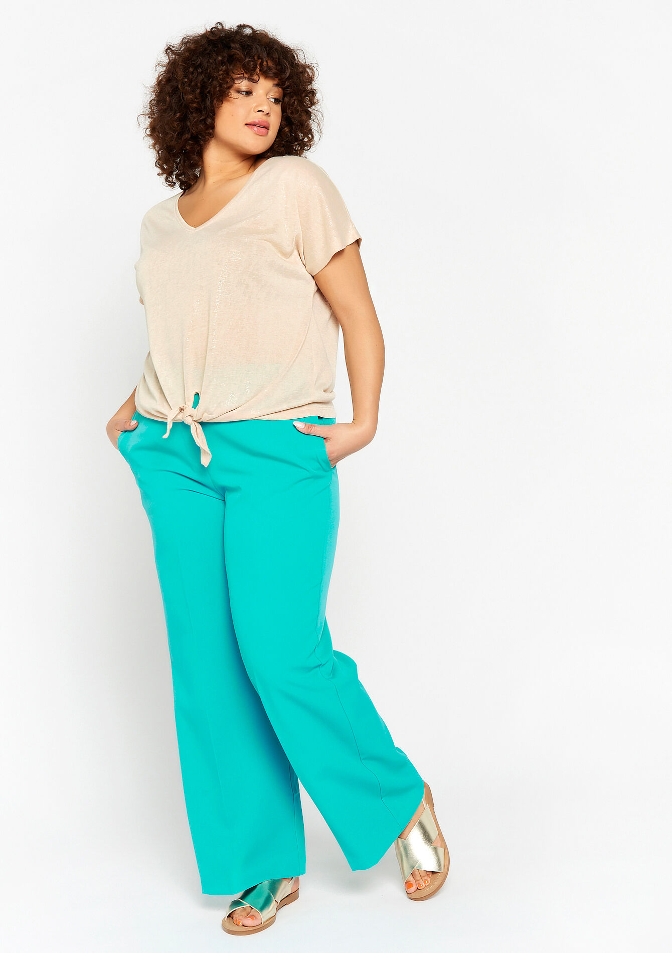 T-shirt à col V - LT BEIGE - 02301343_2527