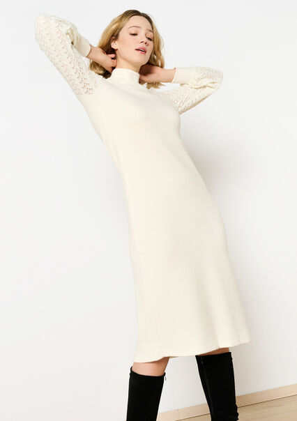 Pullover dress with lace sleeves - VANILLA WHITE  - 08602282_1013